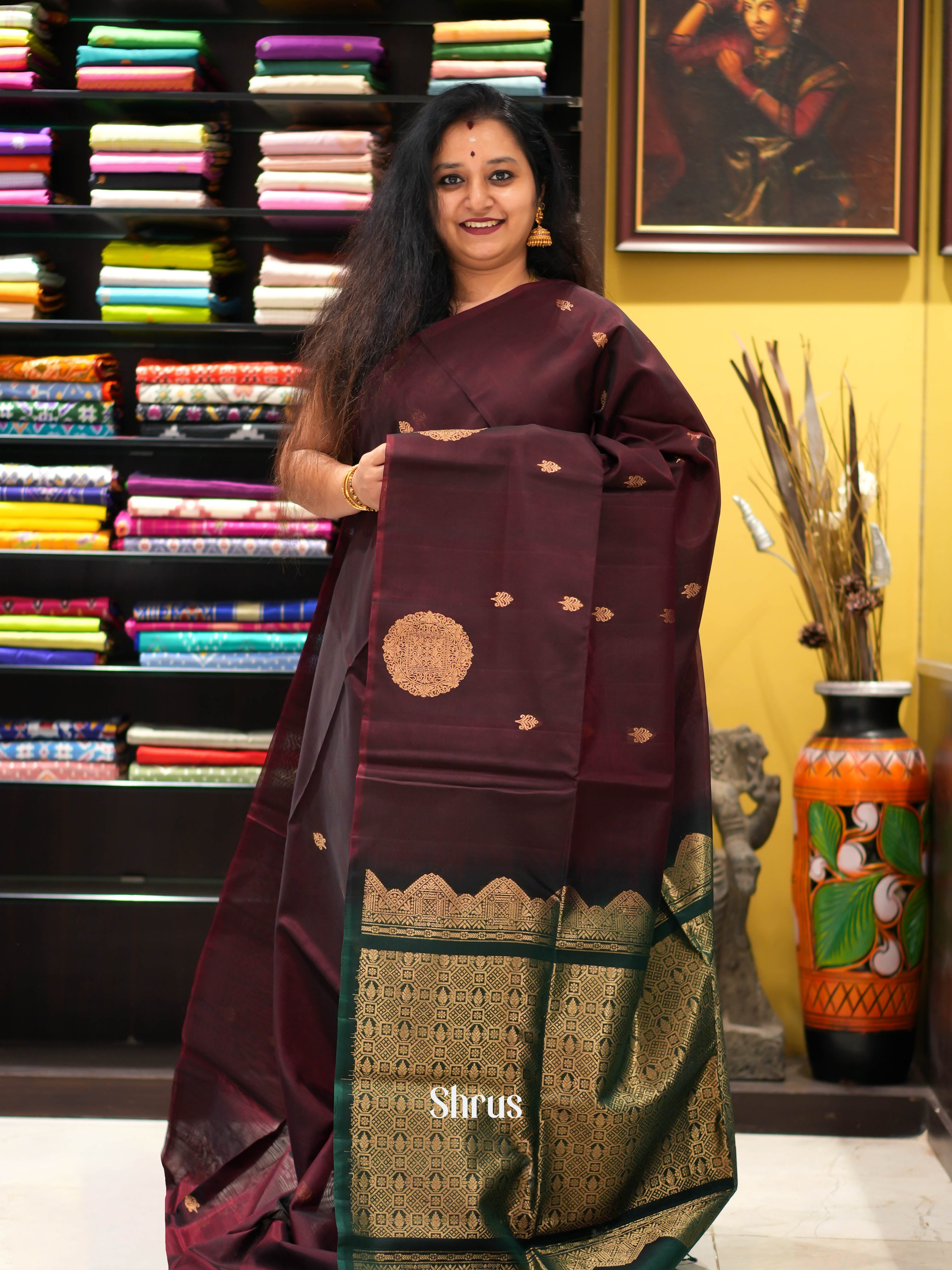 Brown & Green - Silk Cotton Saree - Shop on ShrusEternity.com