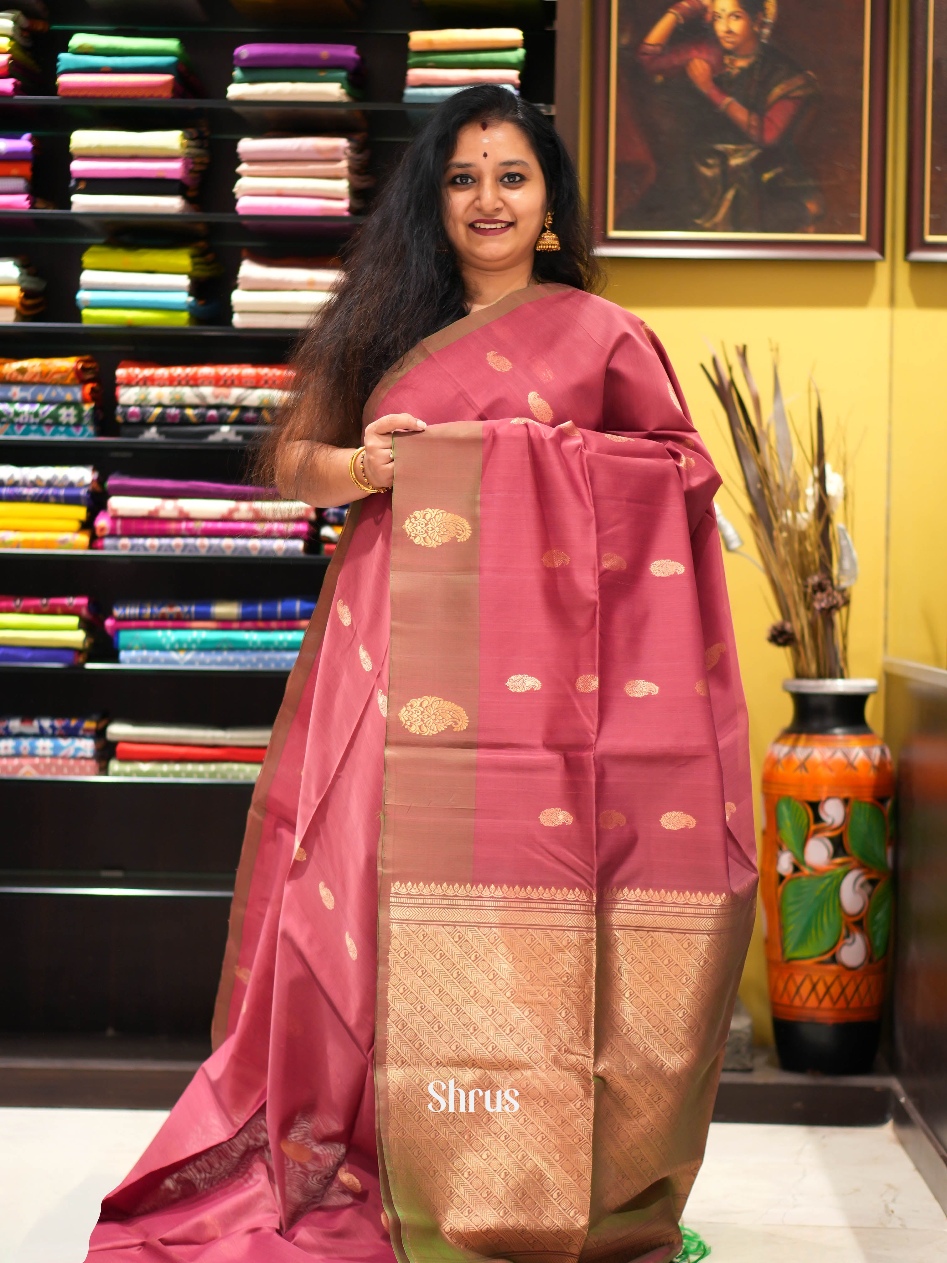 Pink & Brown - Silk Cotton Saree - Shop on ShrusEternity.com
