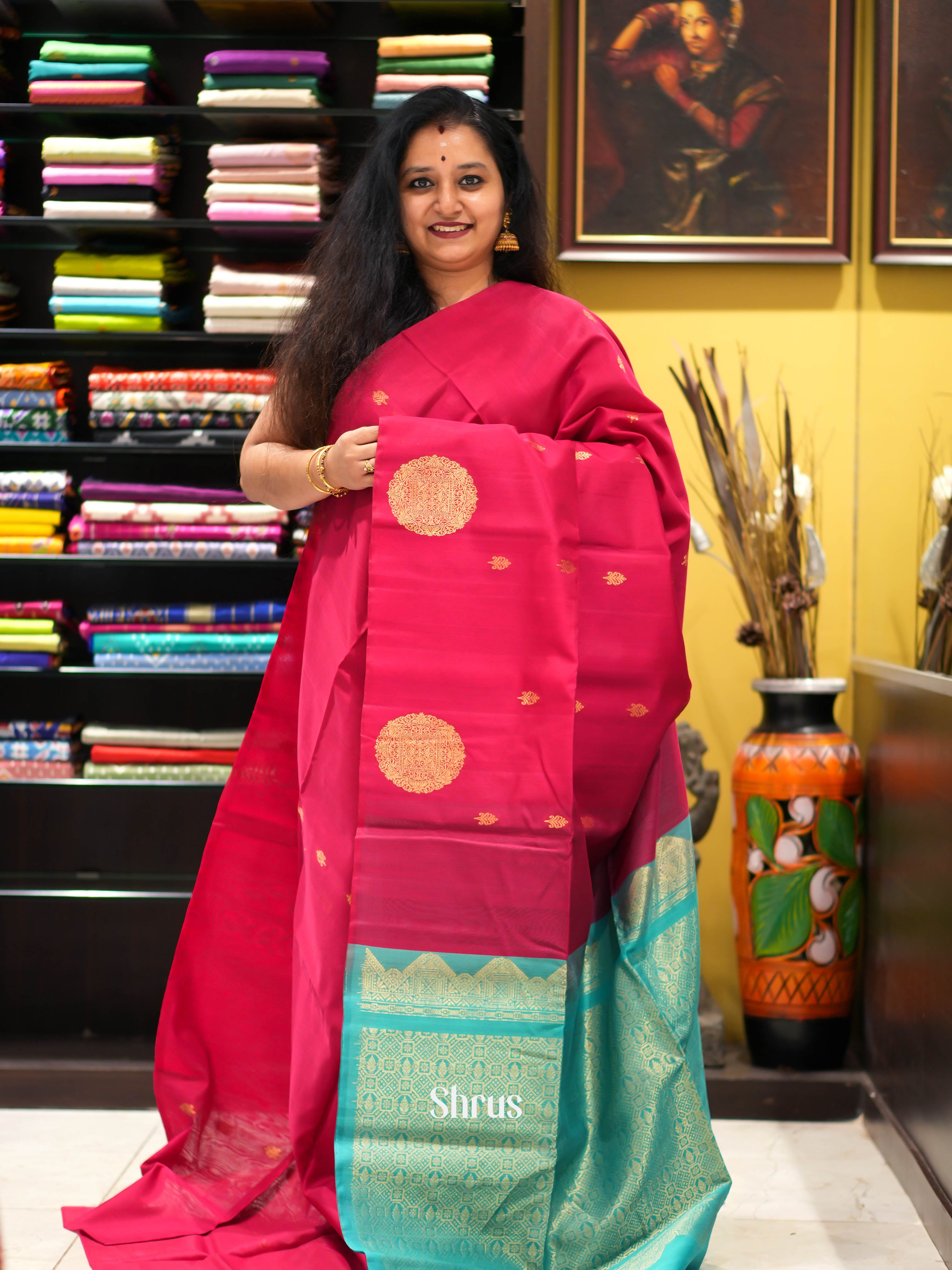 Red & Teal - Silk Cotton Saree - Shop on ShrusEternity.com