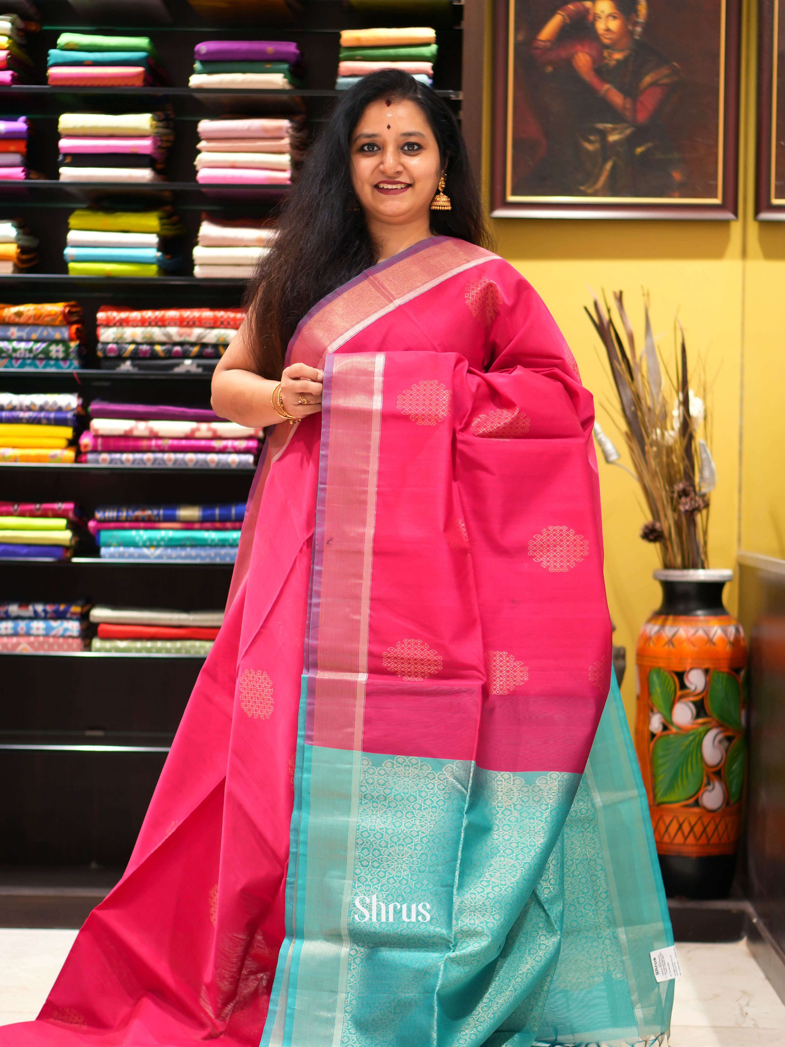 Pink & Teal - Silk Cotton Saree - Shop on ShrusEternity.com