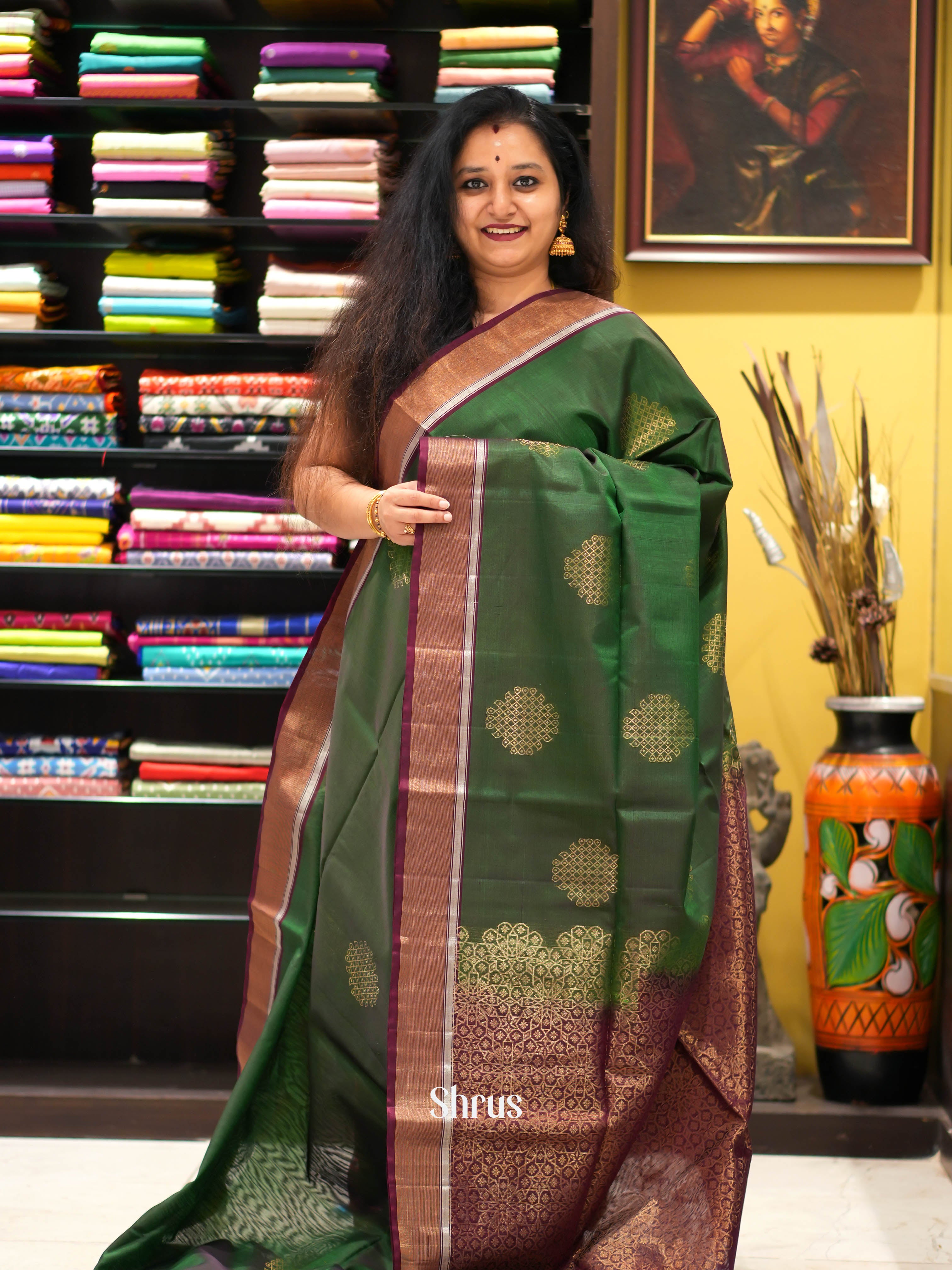Green & Maroon - Silk Cotton Saree - Shop on ShrusEternity.com