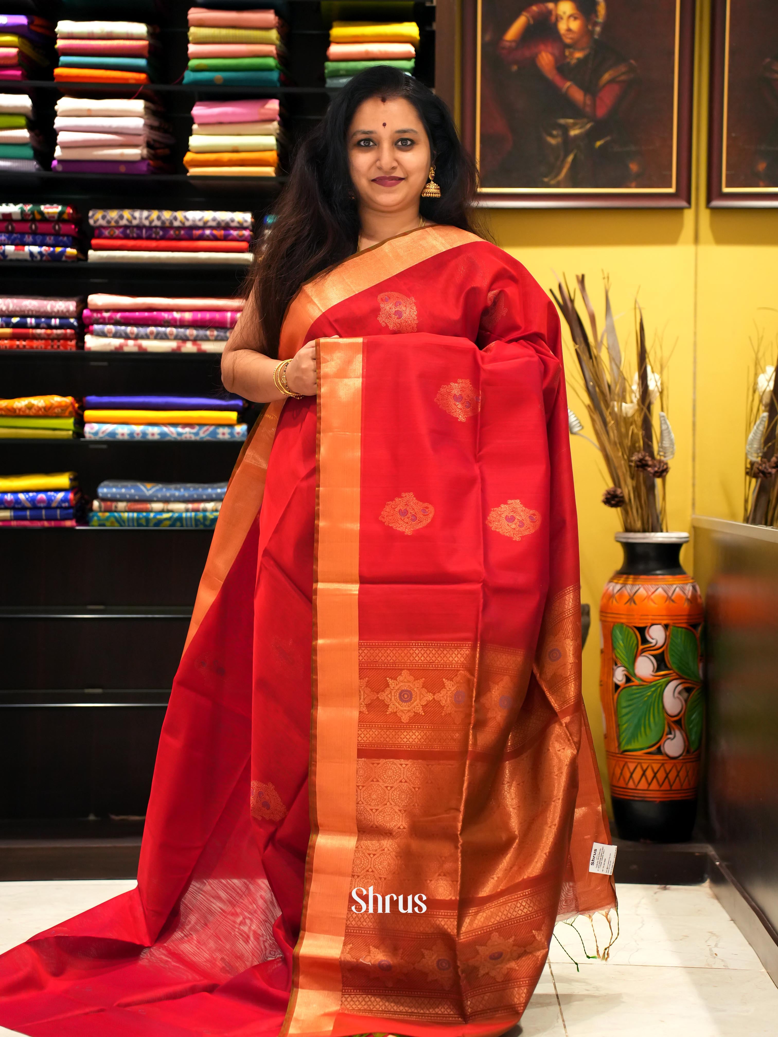 Red & Brown - Silk cotton Saree - Shop on ShrusEternity.com