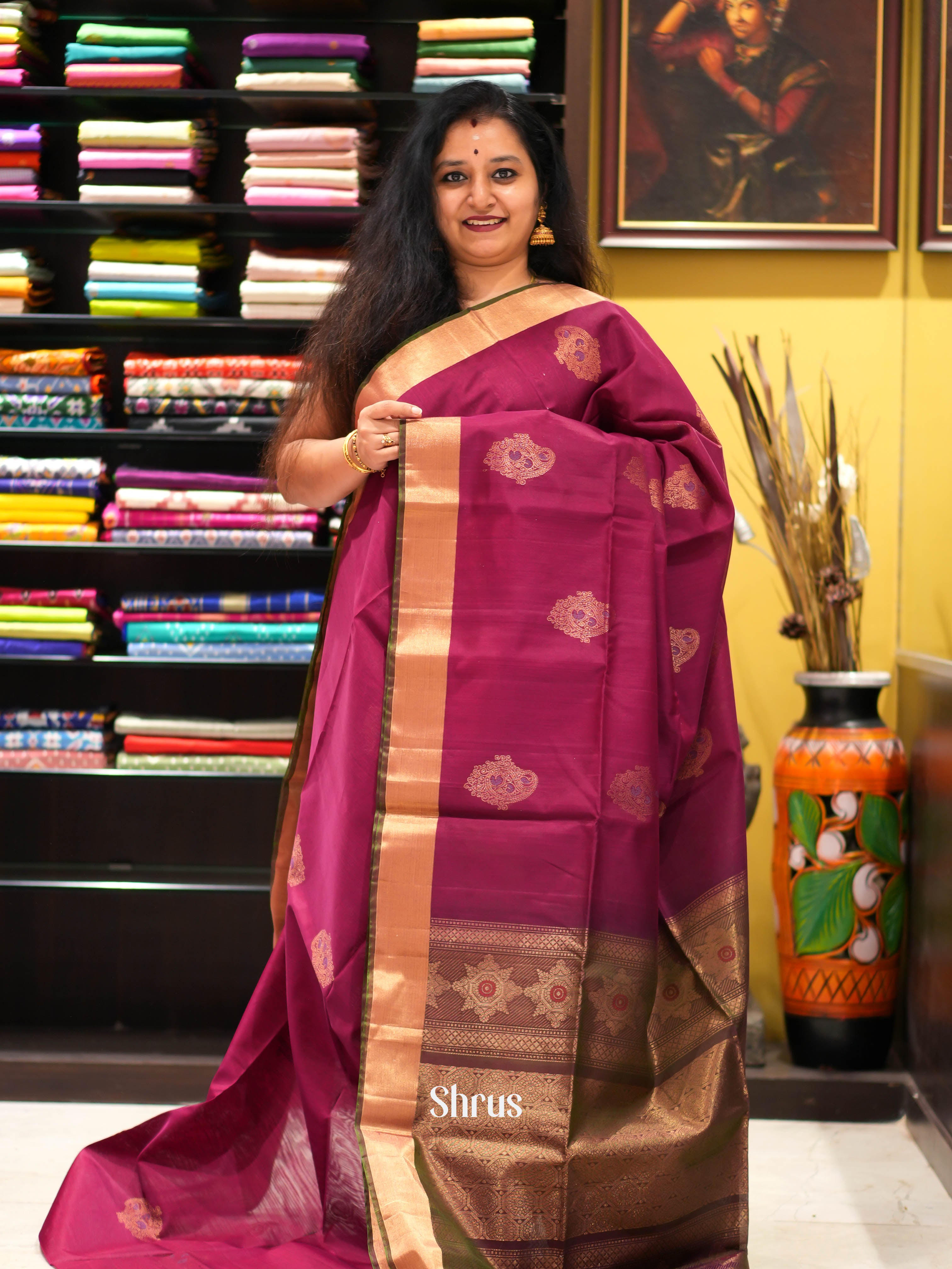 Majenta & Green - Silk Cotton Saree - Shop on ShrusEternity.com