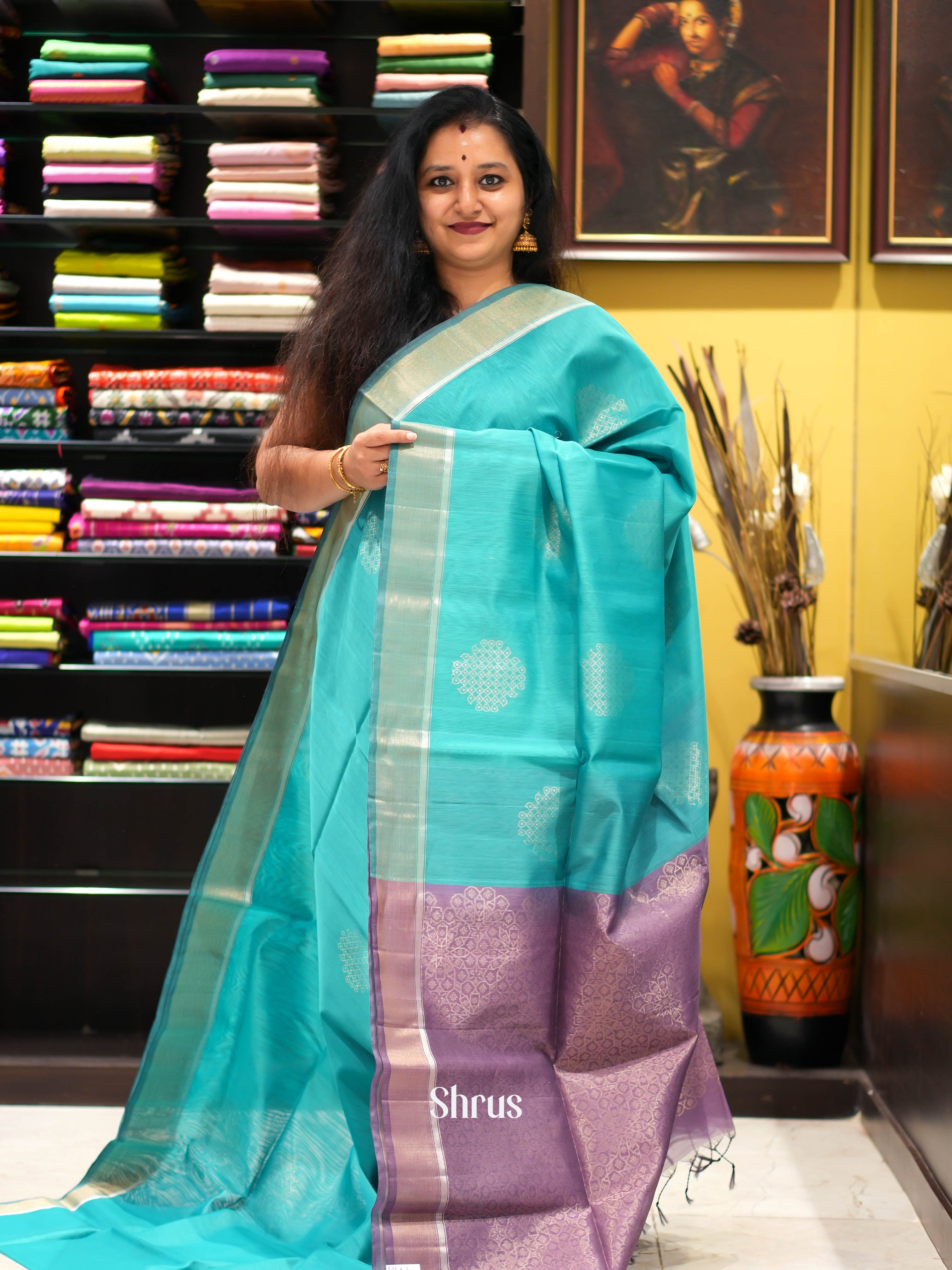Teal & Purple - Silk Cotton Saree - Shop on ShrusEternity.com