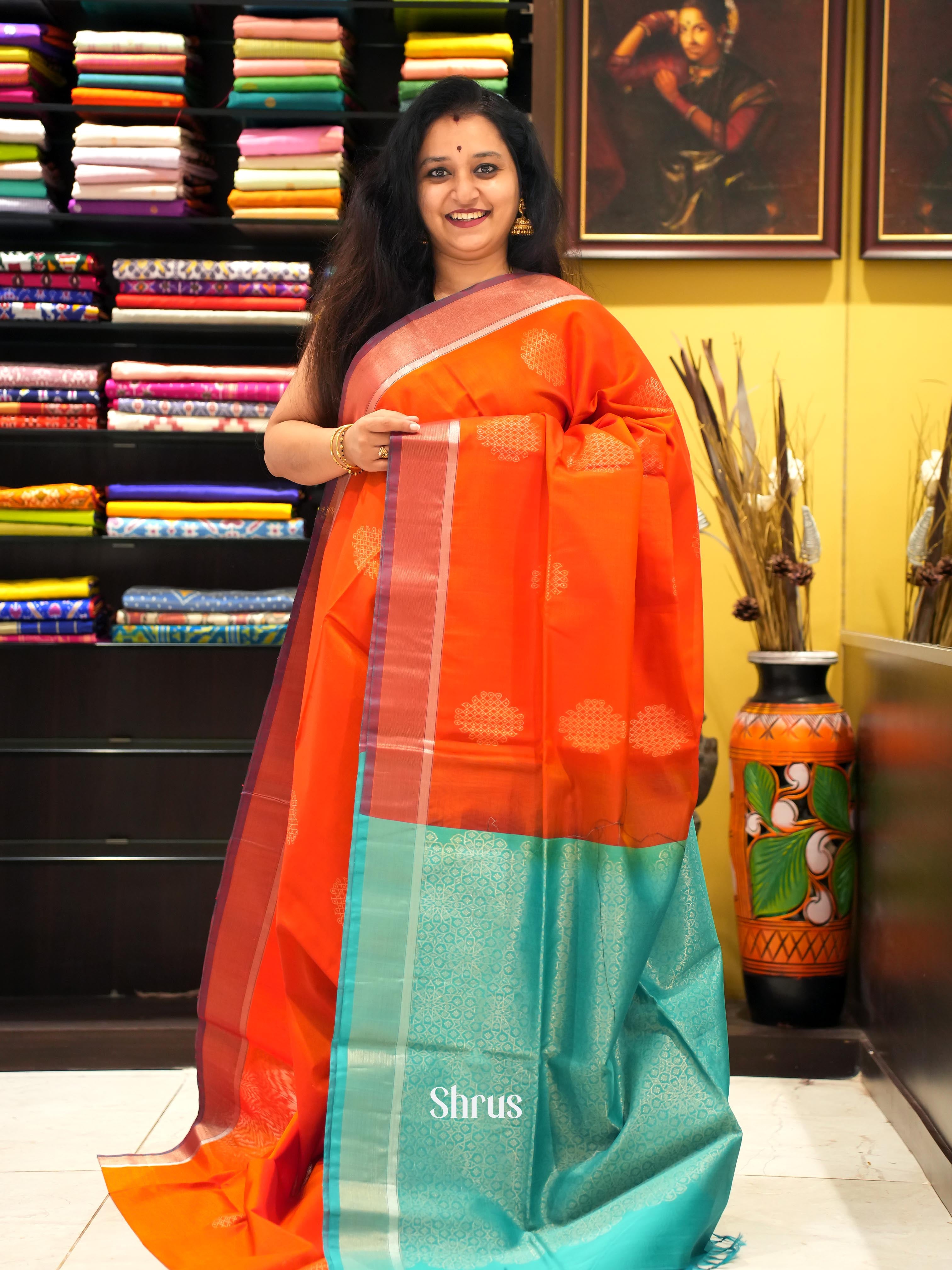 Orange & Teal - Silk cotton Saree - Shop on ShrusEternity.com