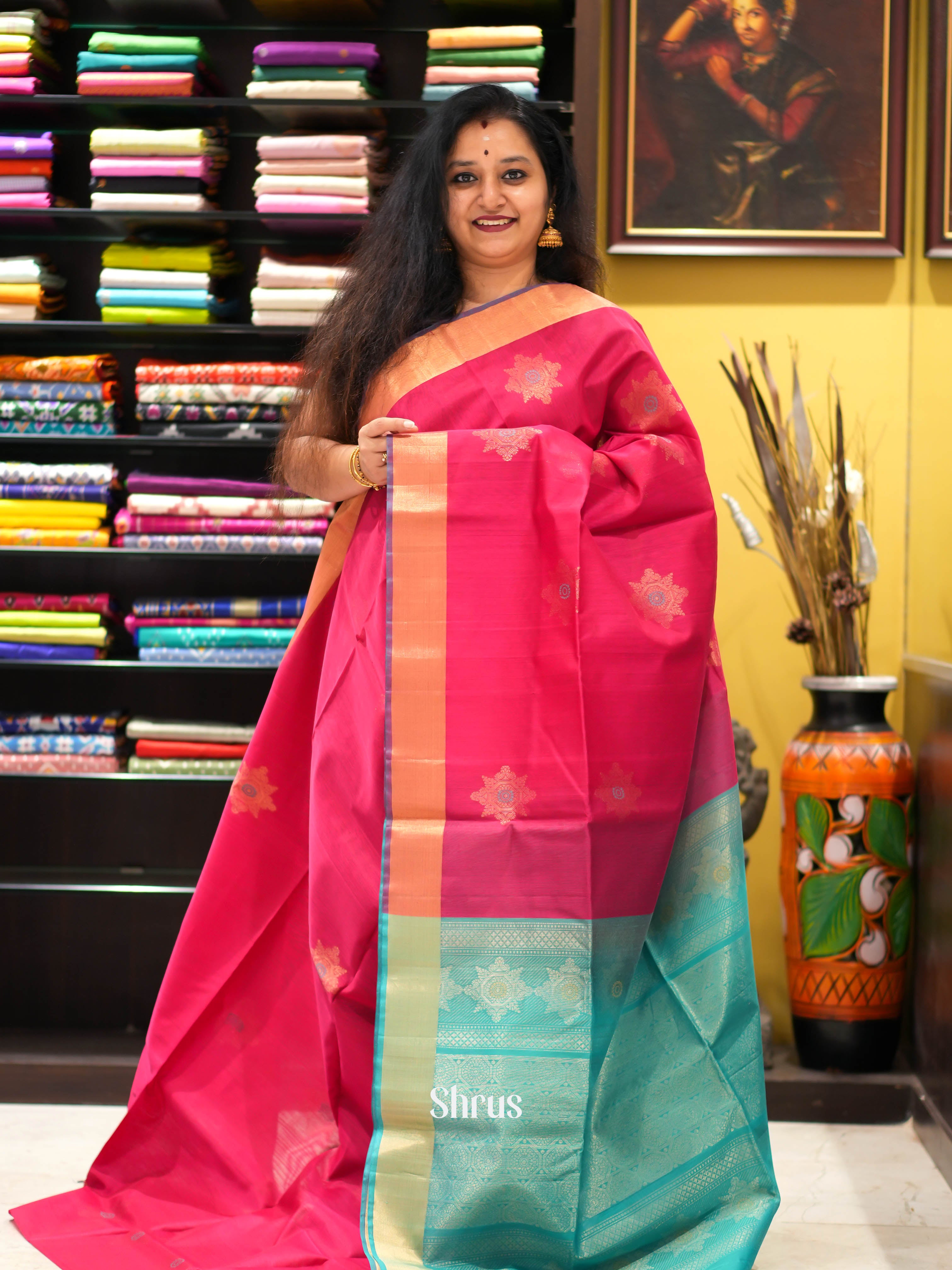 Red & Teal - Silk Cotton Saree - Shop on ShrusEternity.com