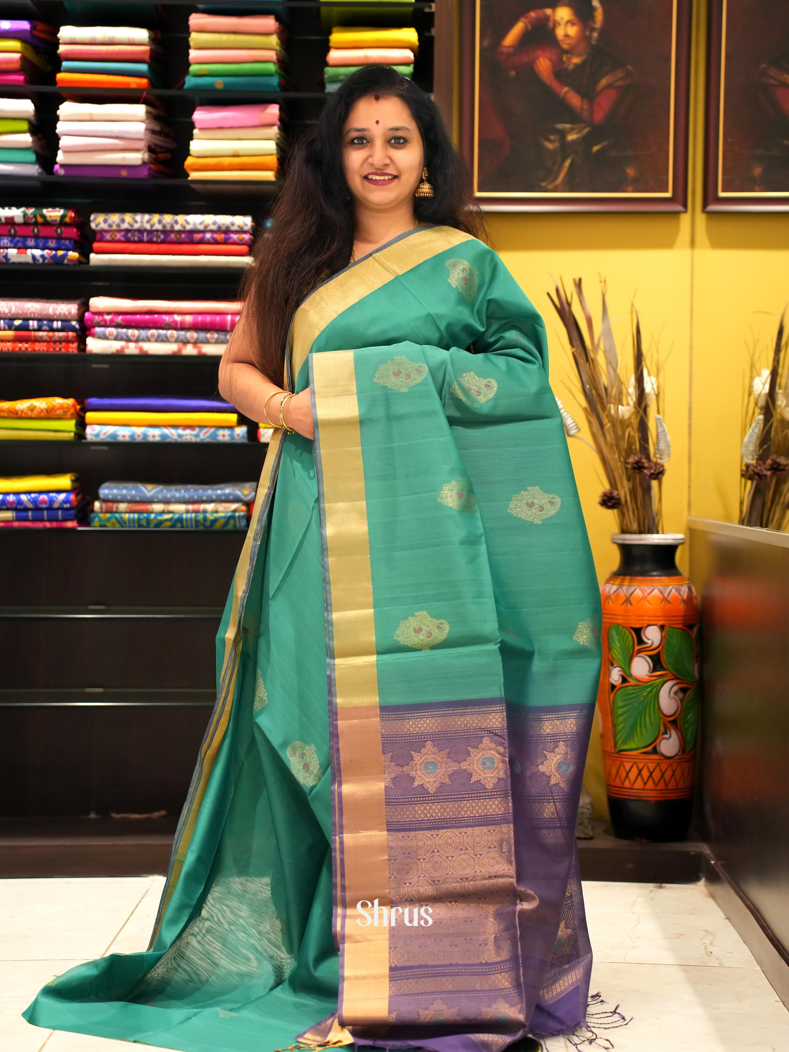 Green & Violet - Silk cotton Saree - Shop on ShrusEternity.com