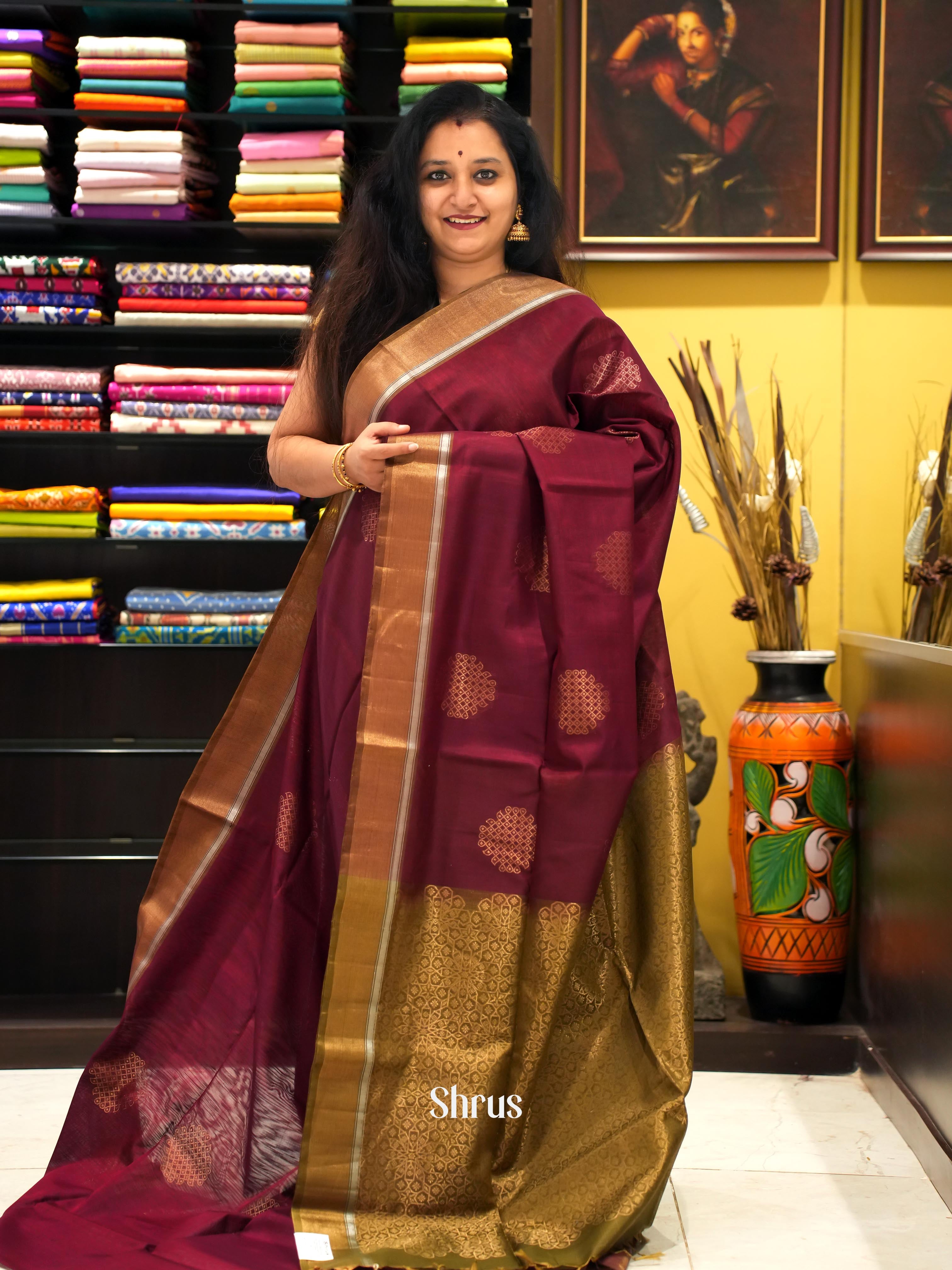 Maroon & Green - Silk cotton Saree - Shop on ShrusEternity.com