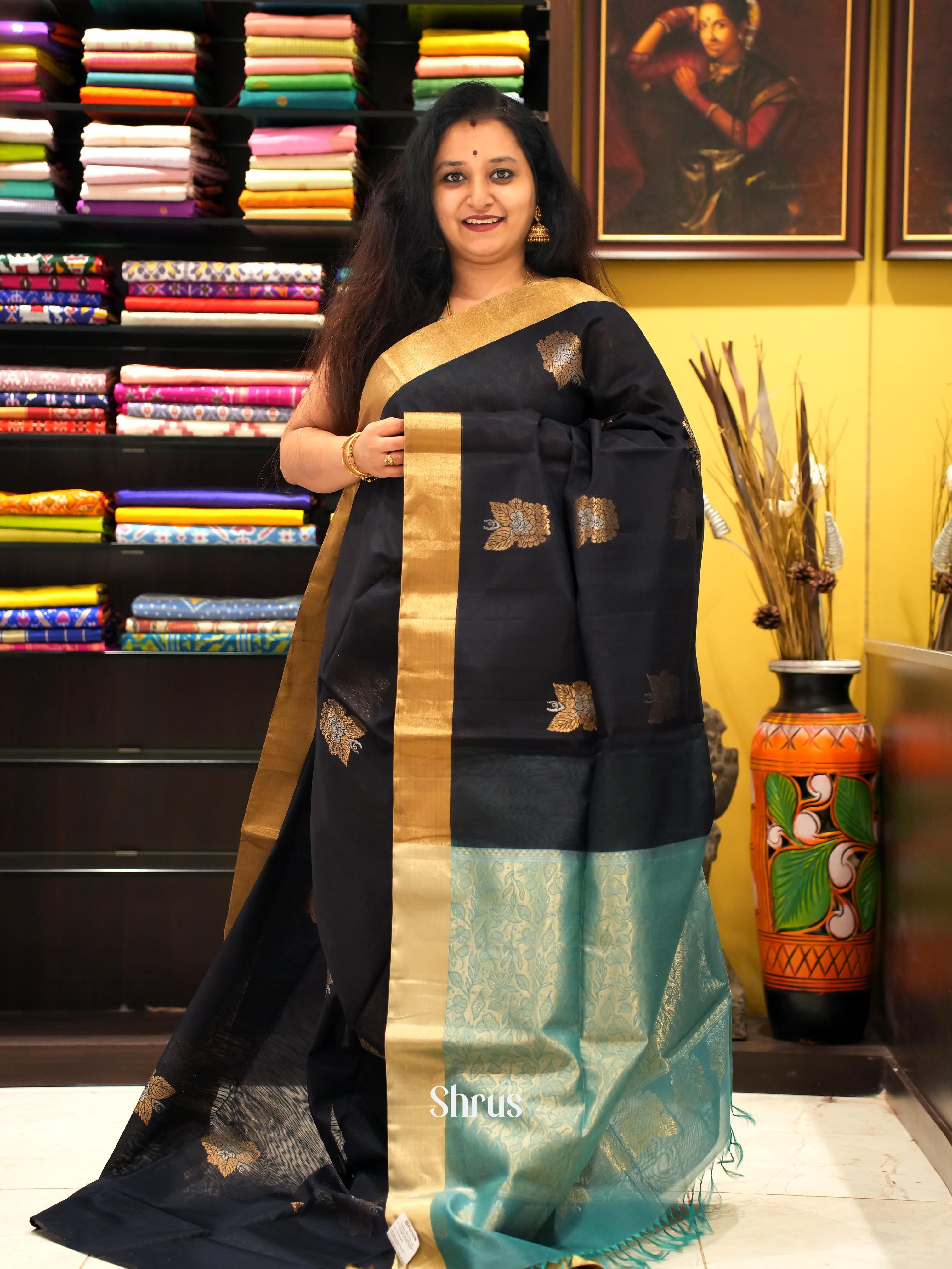 Black & teal - Silk cotton Saree - Shop on ShrusEternity.com