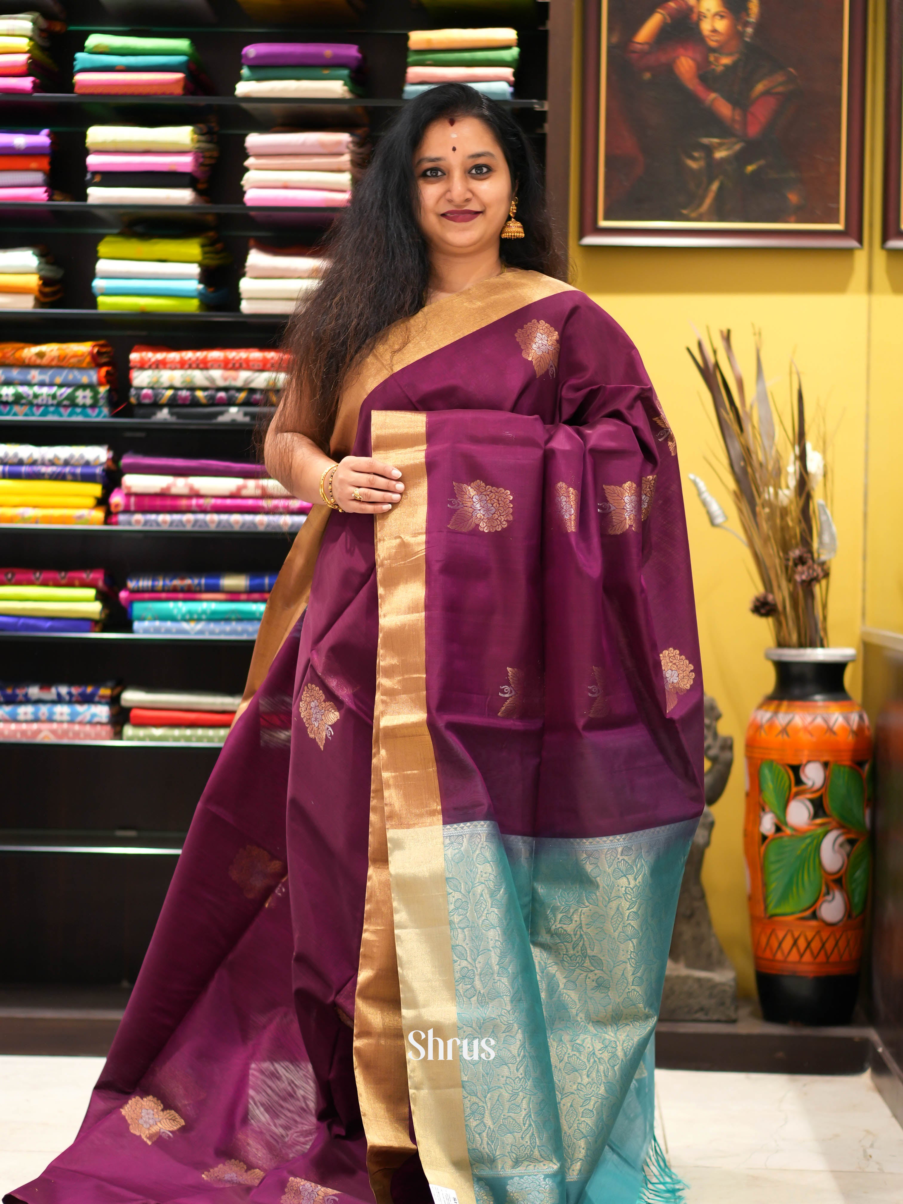 Purple & Teal - Silk Cotton Saree - Shop on ShrusEternity.com
