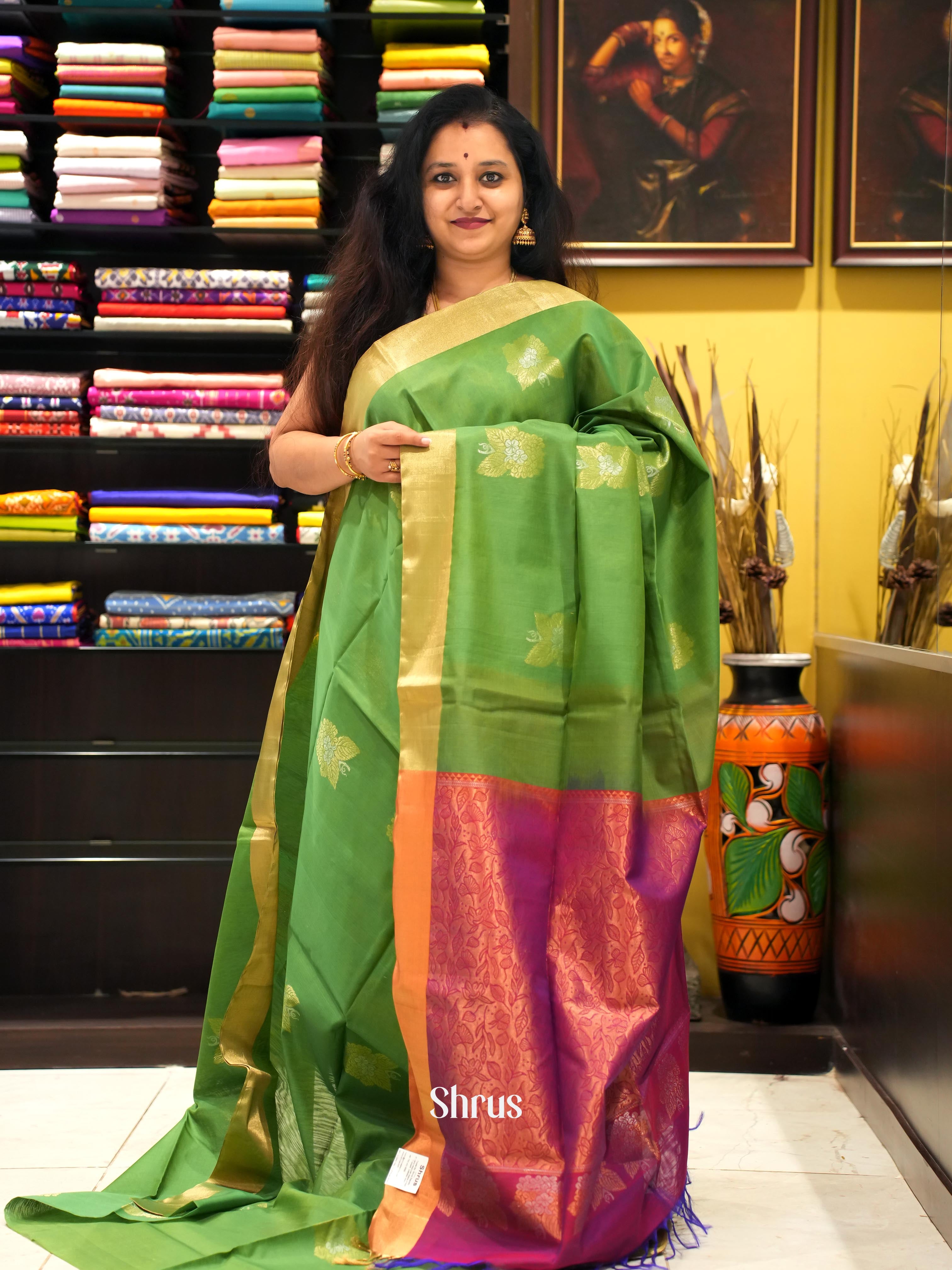 Green & Majenta - Silk cotton Saree - Shop on ShrusEternity.com