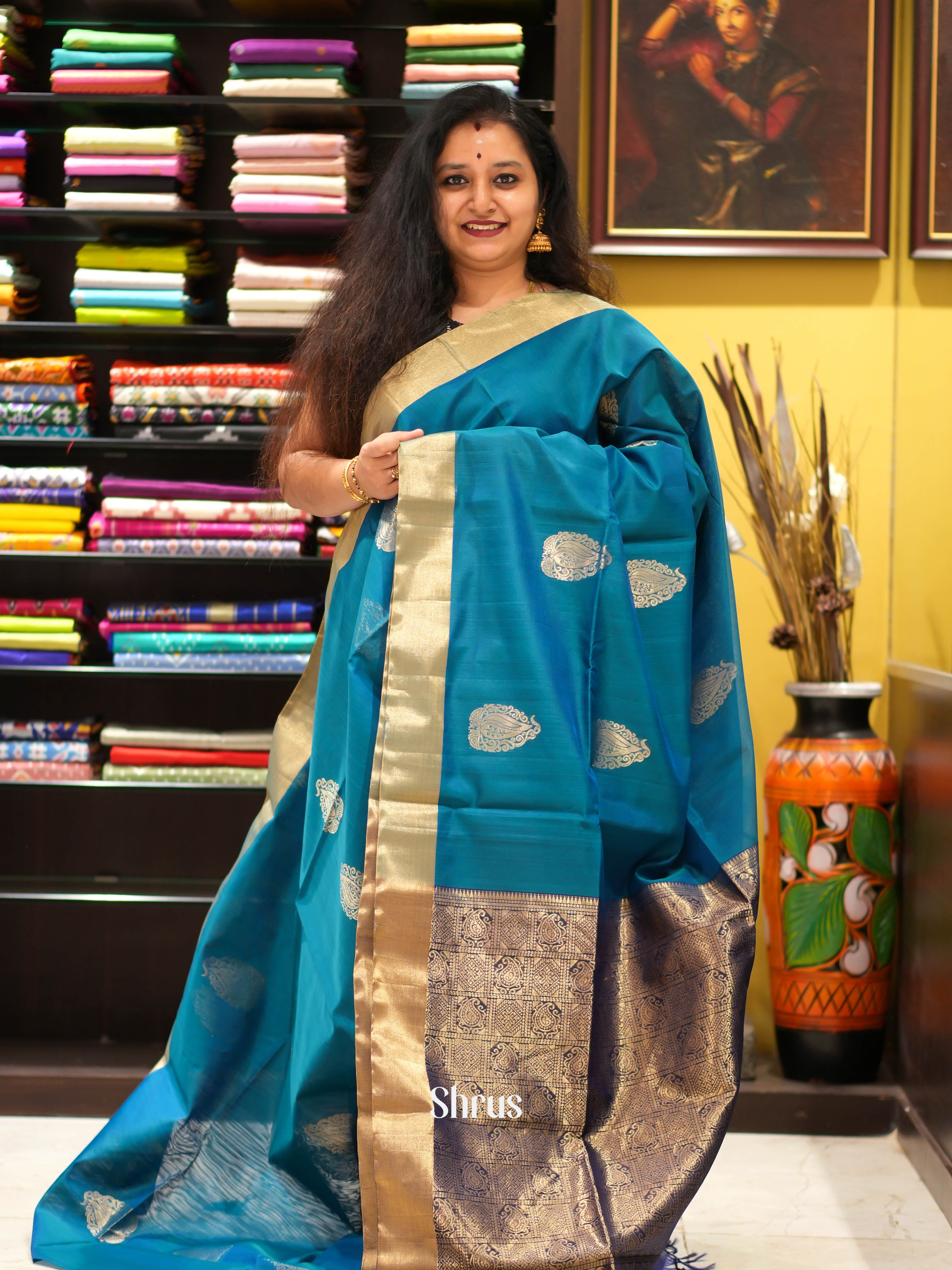 Teal & Blue - Silk Cotton Saree - Shop on ShrusEternity.com