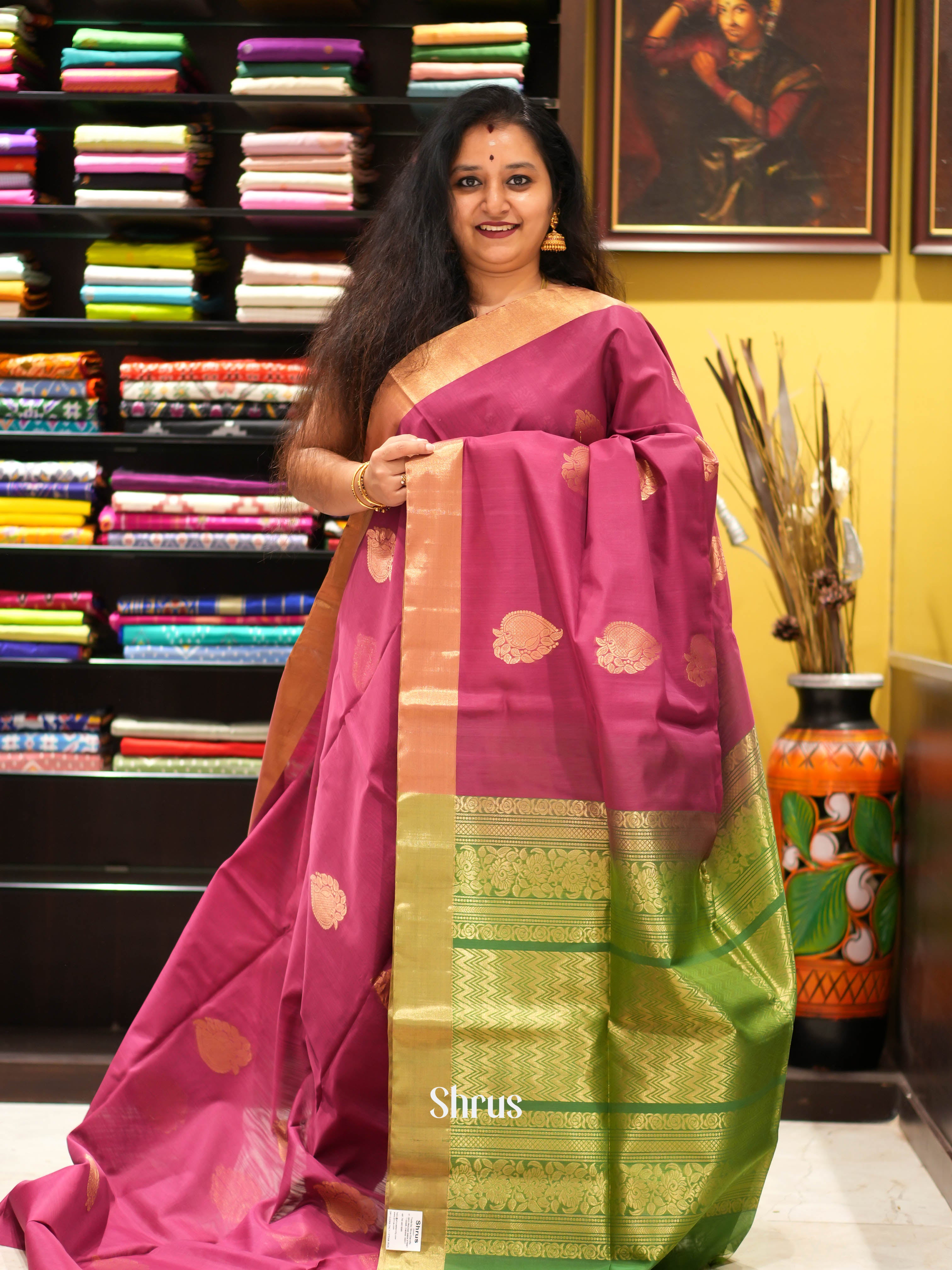 Pink & Green - Silk Cotton Saree - Shop on ShrusEternity.com