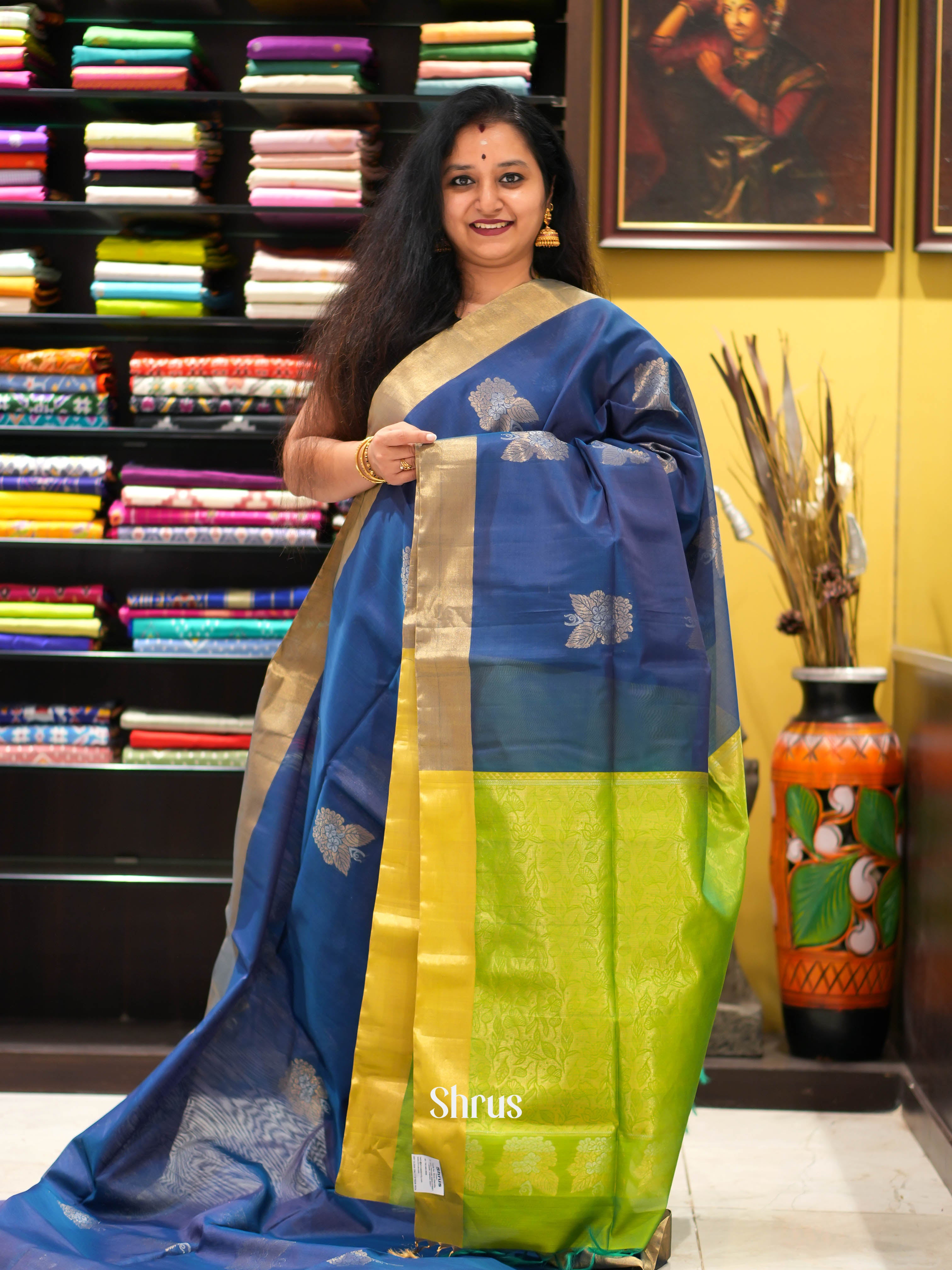 Blue & Green - Silk Cotton Saree - Shop on ShrusEternity.com