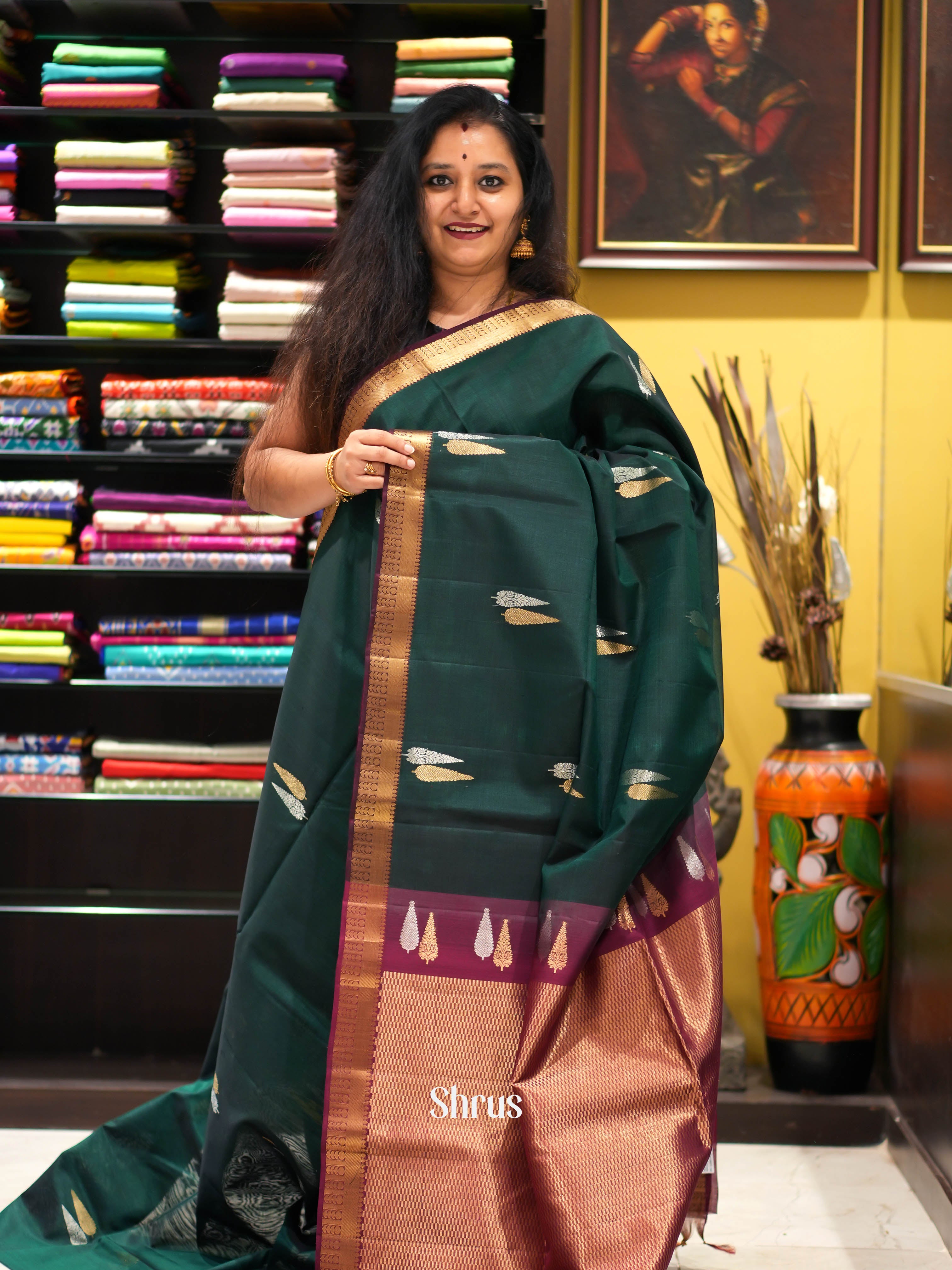 Green & Maroon - Silk Cotton Saree - Shop on ShrusEternity.com