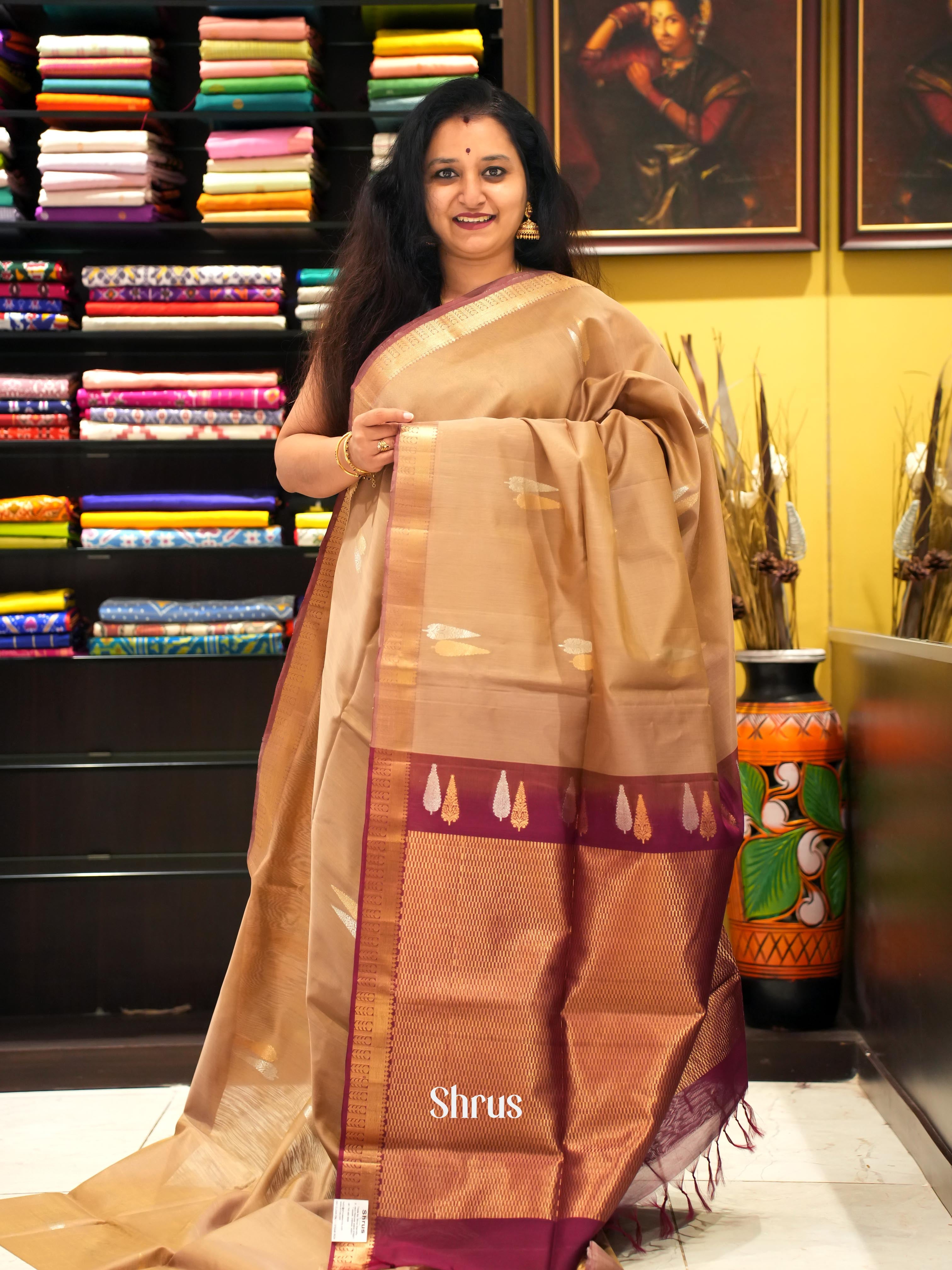 Beige & Maroon - Silk cotton Saree - Shop on ShrusEternity.com