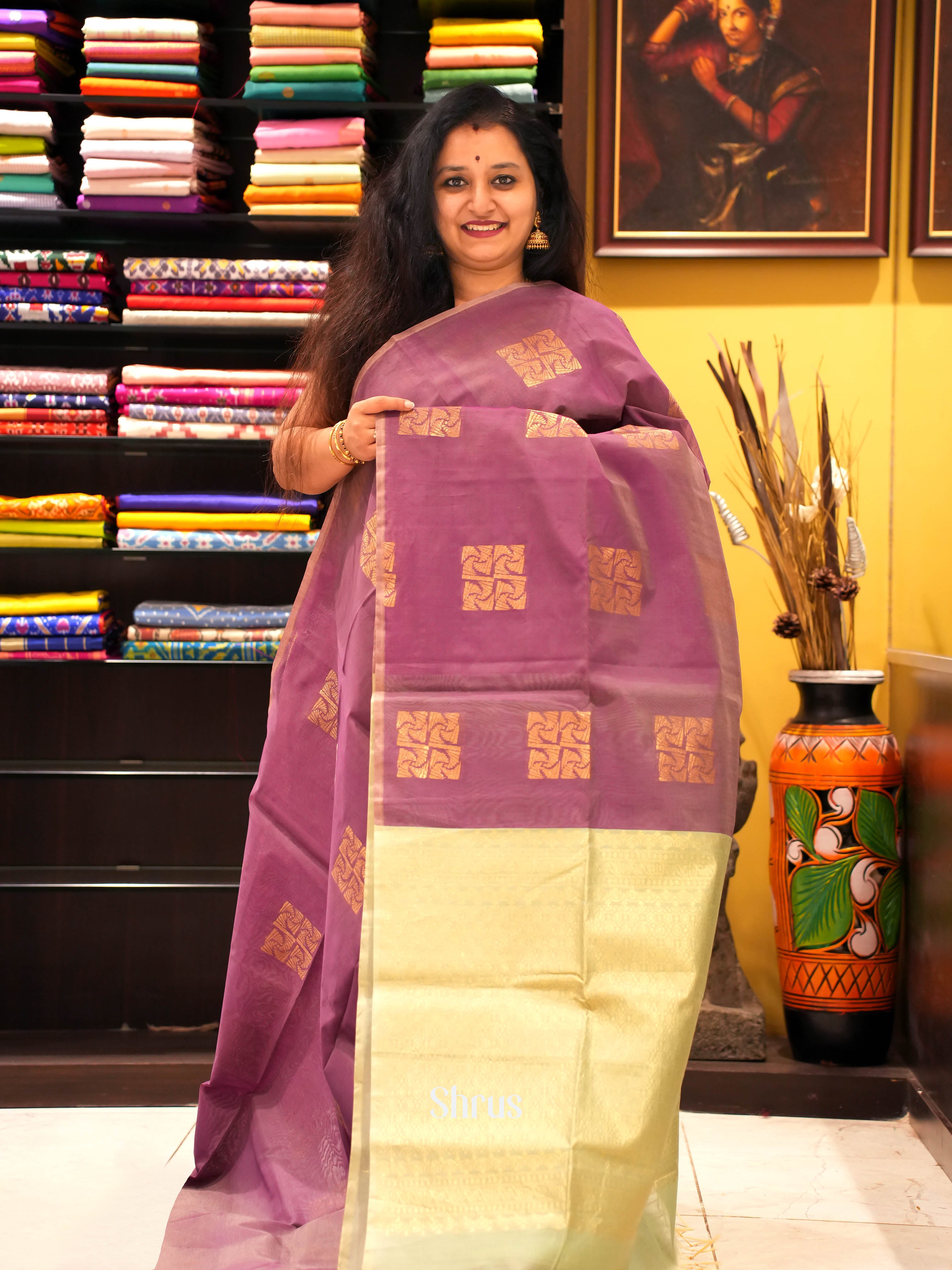 Onion Pink & Cream - Semi Silkcotton Saree - Shop on ShrusEternity.com