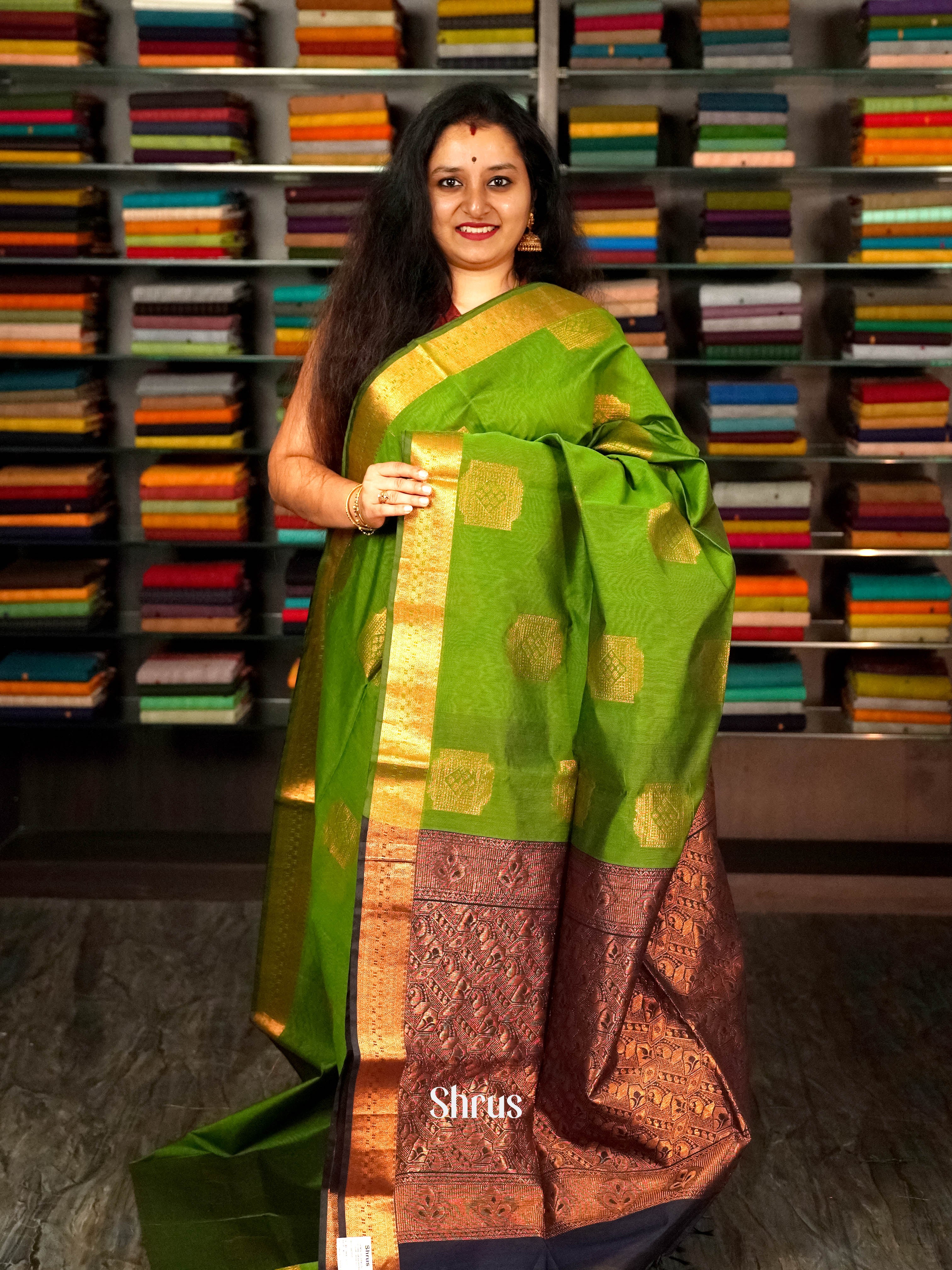 Green & blue- Semi Silkcotton saree - Shop on ShrusEternity.com