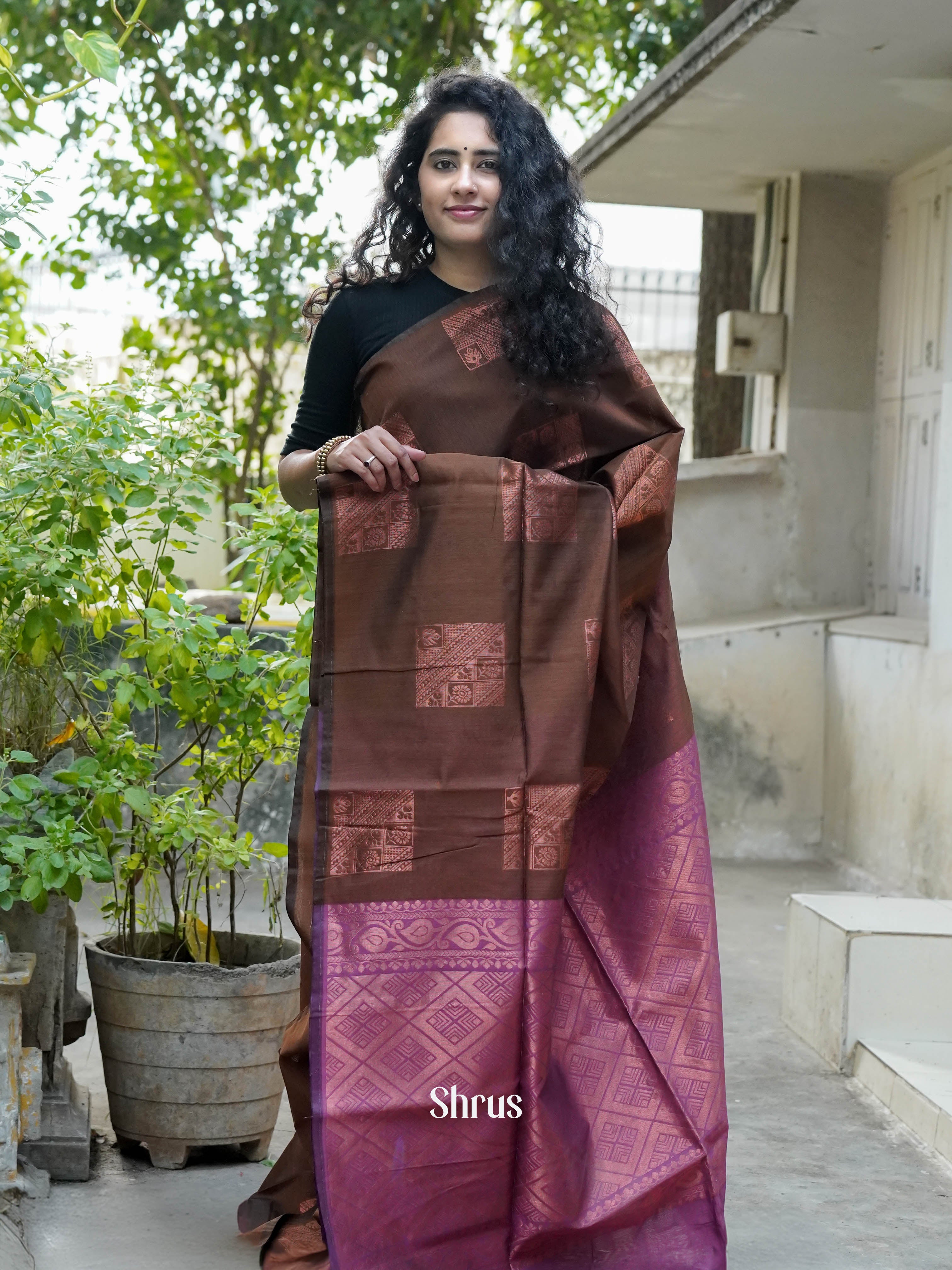 Brown & Purple - Semi Silkcotton Saree - Shop on ShrusEternity.com