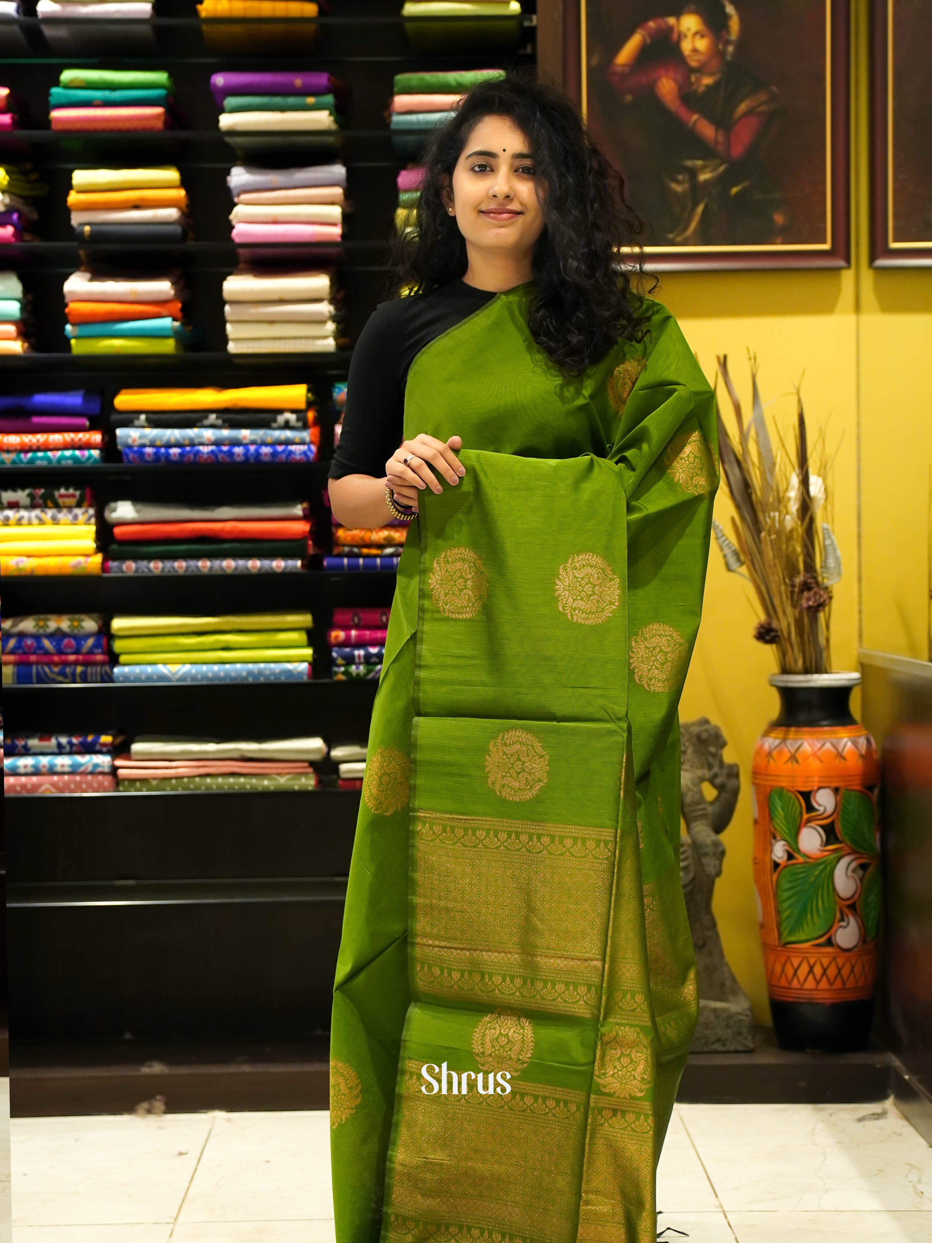 Green(Single Tone) - Semi Silkcotton saree - Shop on ShrusEternity.com