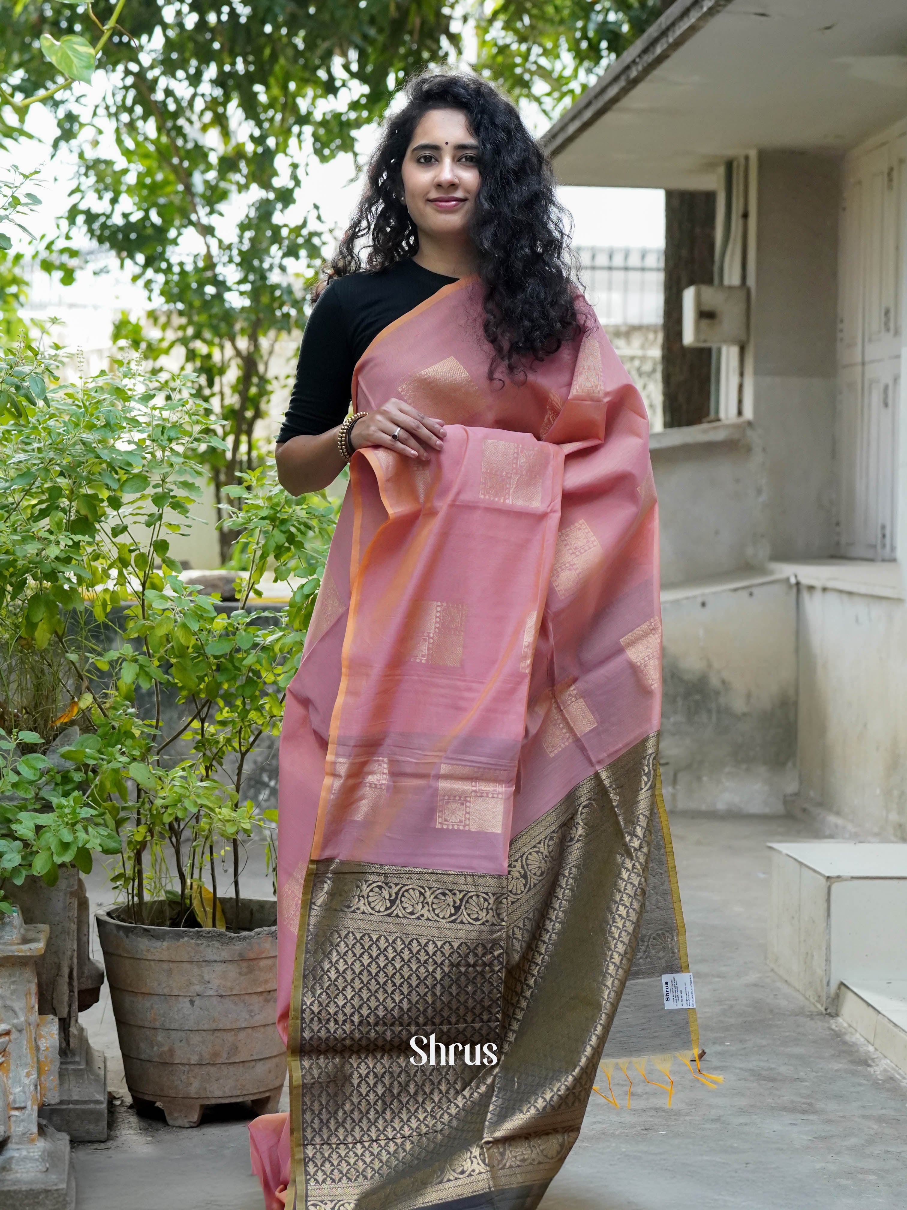 Peach Pink & Golden Blue - Semi Silkcotton Saree - Shop on ShrusEternity.com
