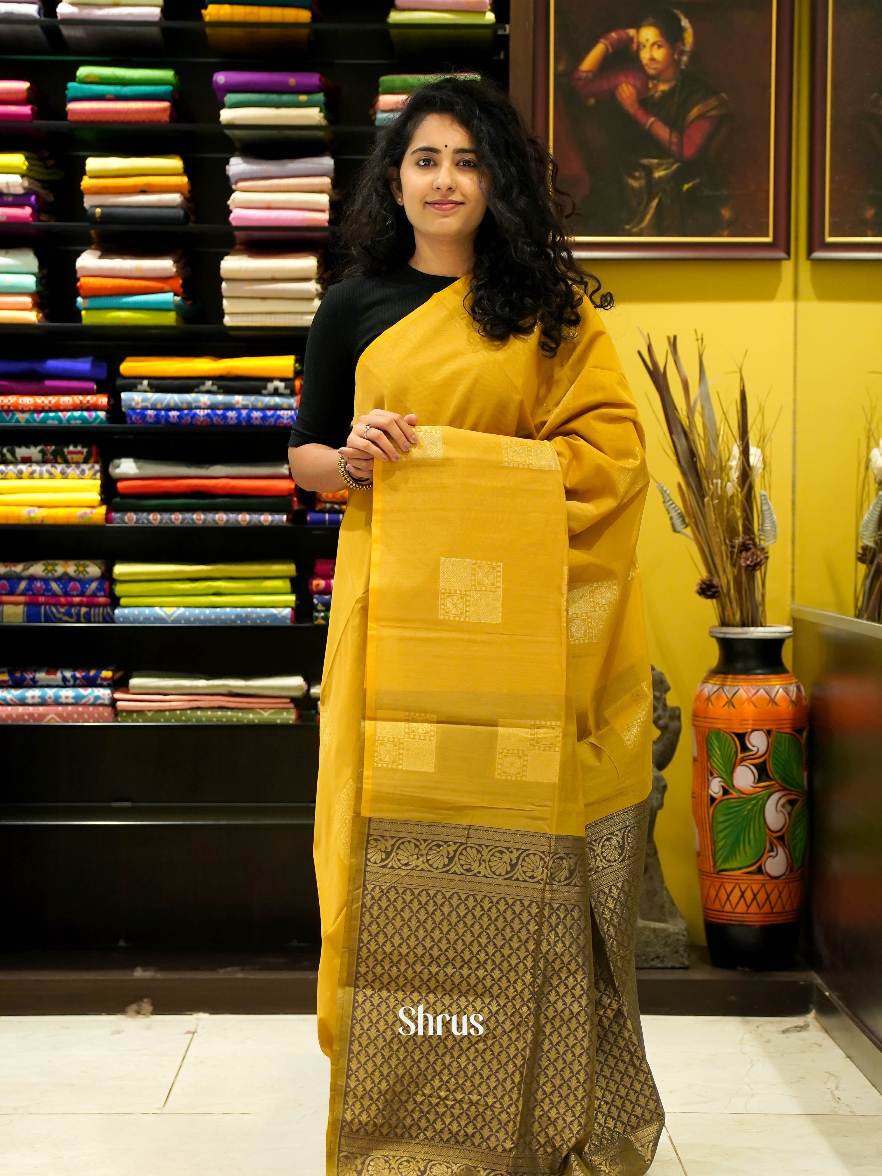 Mustard & Green- Semi Silkcotton saree - Shop on ShrusEternity.com