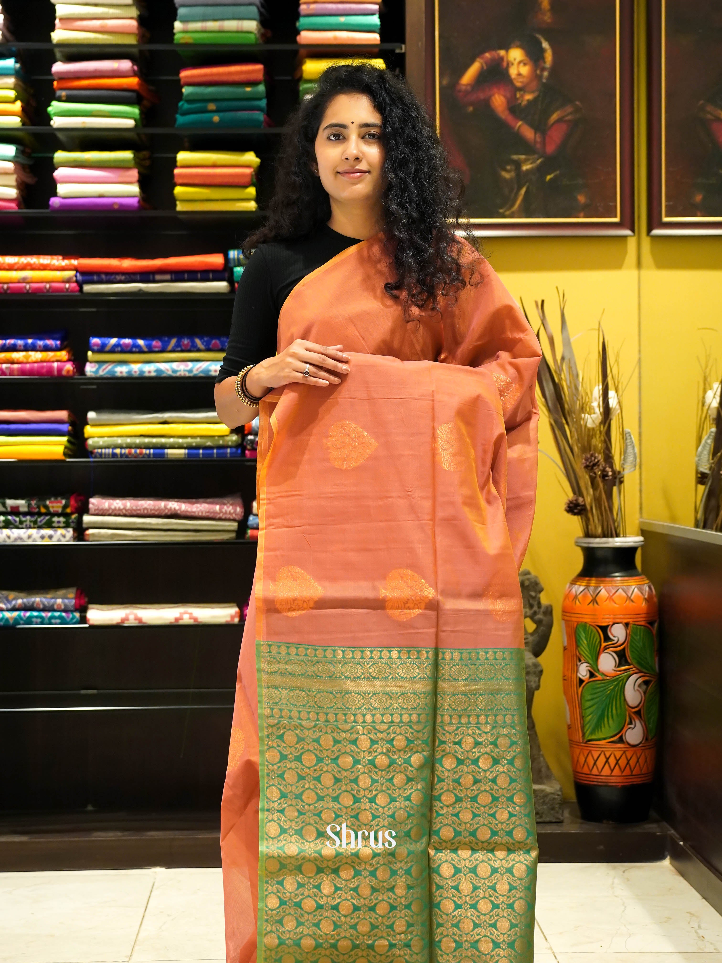 Pink & Green- Semi Silkcotton Saree - Shop on ShrusEternity.com