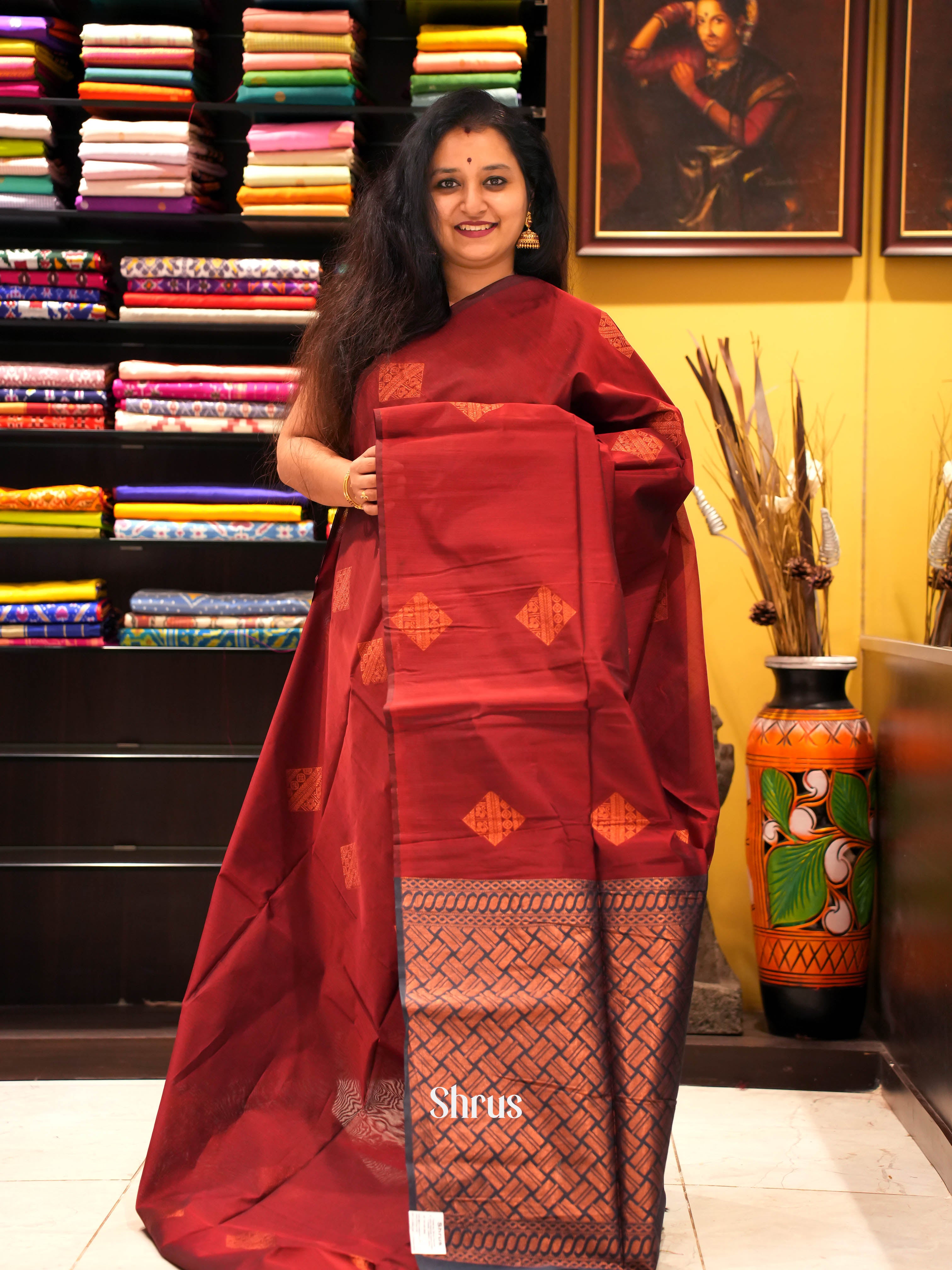 Maroon - Semi Silkcotton Saree - Shop on ShrusEternity.com