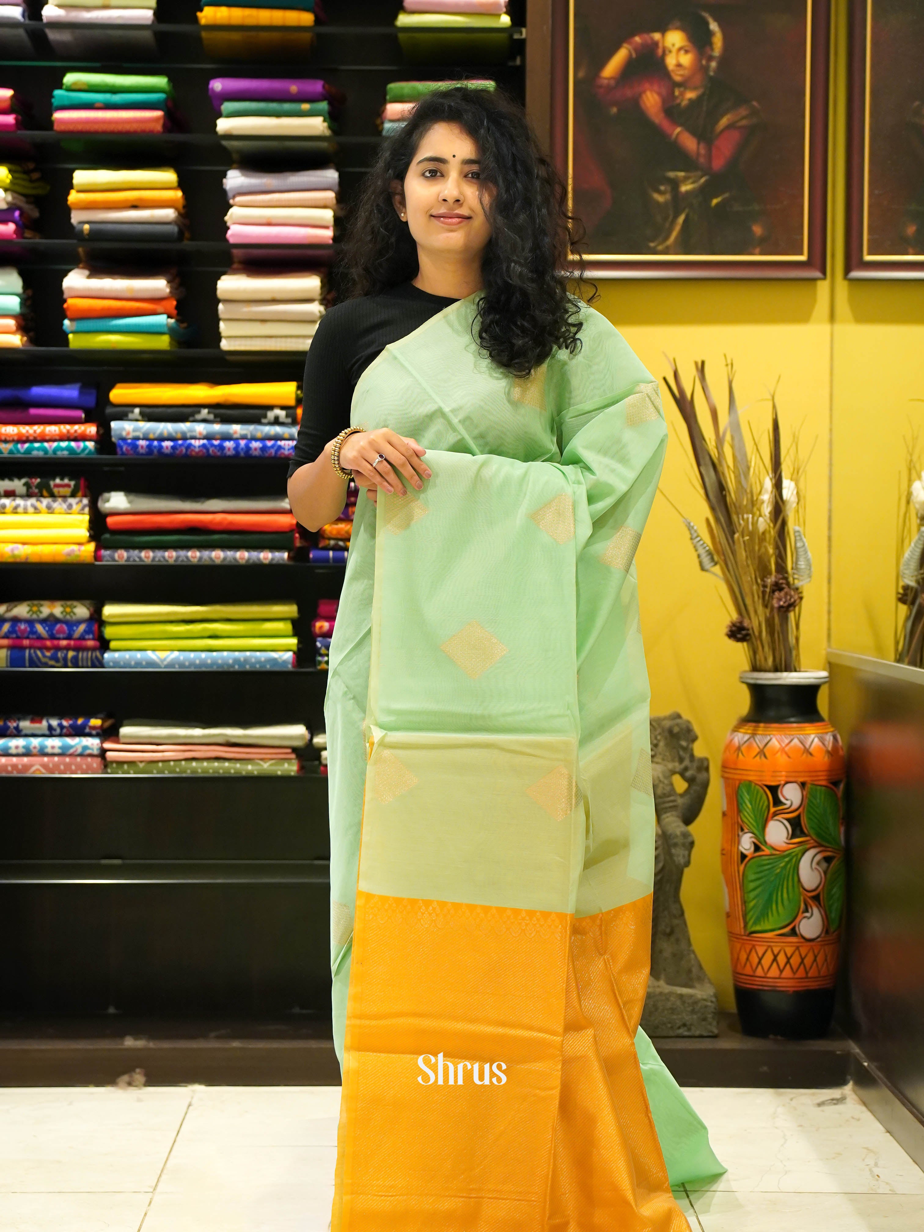 Pista Green & Mustard - Semi Silkcotton saree - Shop on ShrusEternity.com