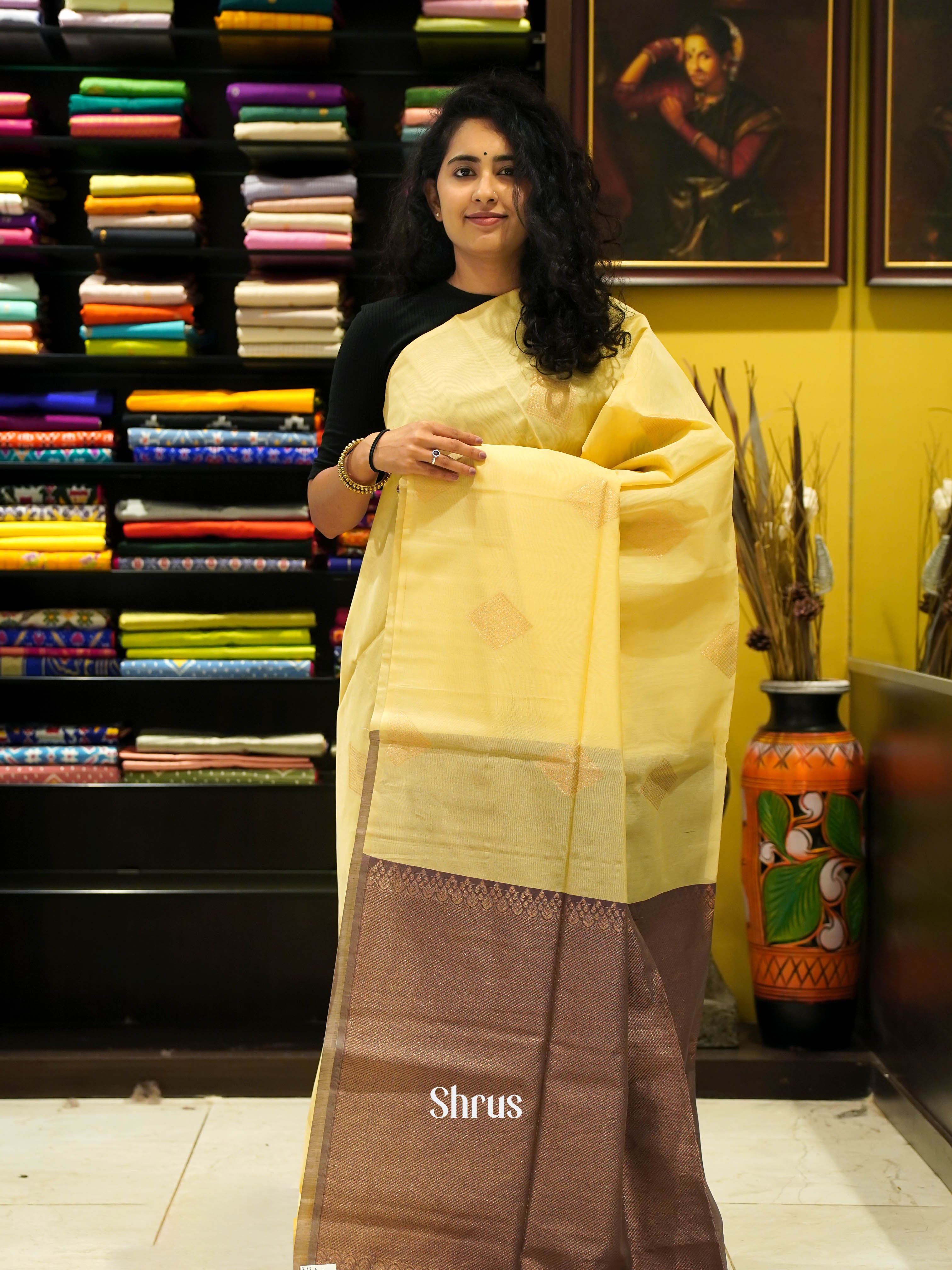 Lite Yellow & Brown - Semi Silk cotton saree - Shop on ShrusEternity.com