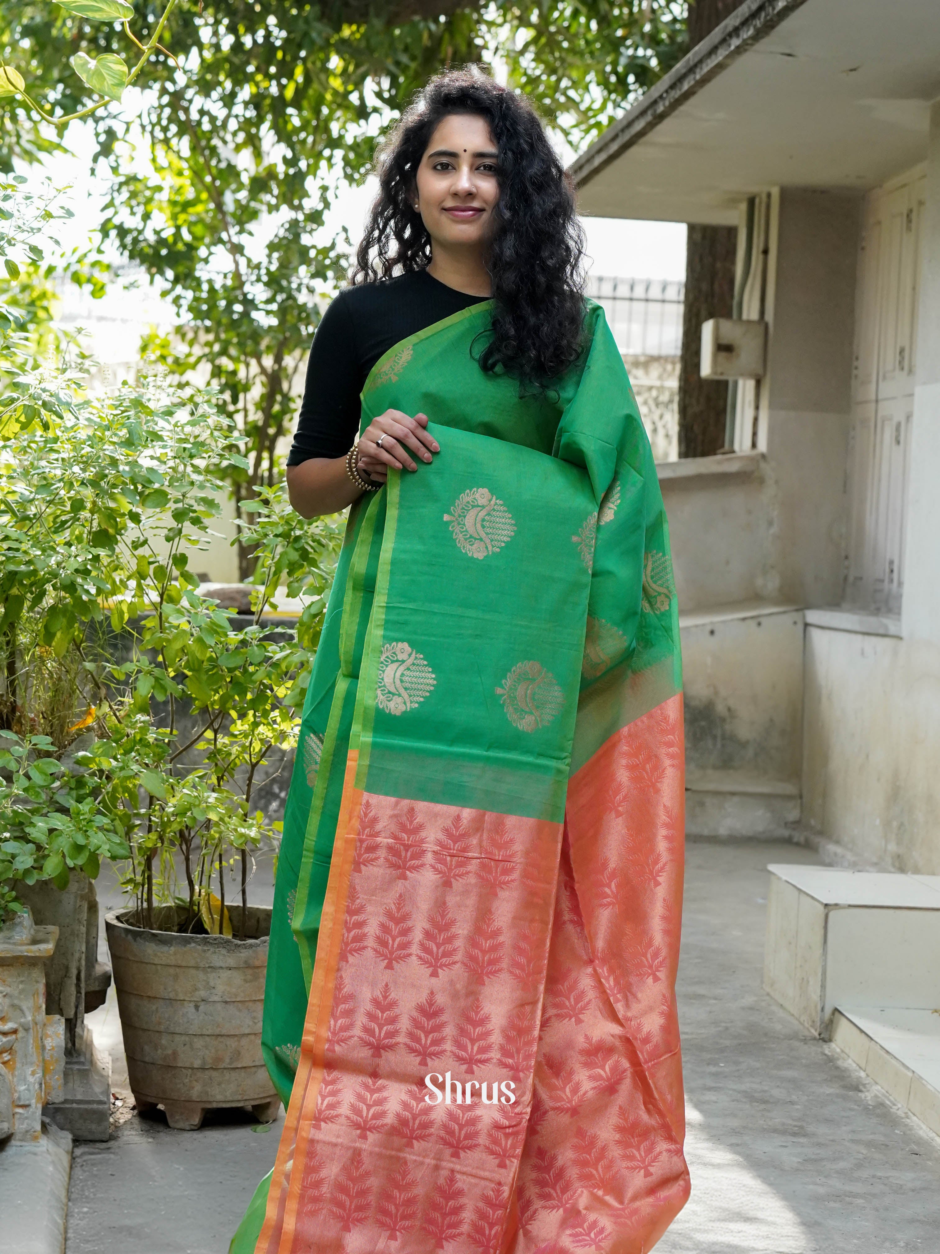 Green & Pink - Semi Silkcotton Saree - Shop on ShrusEternity.com