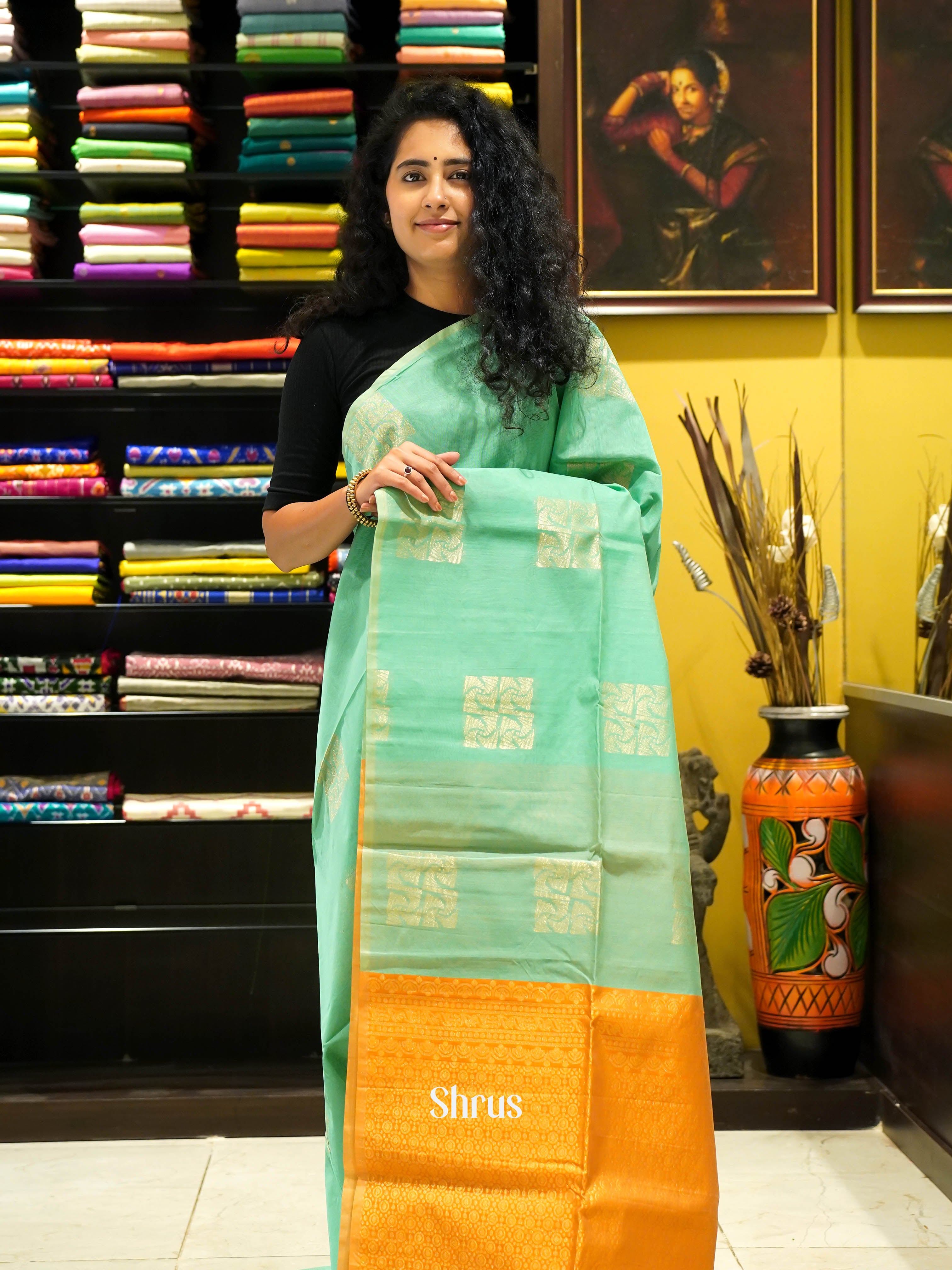 Teal & Orange - Semi Silkcotton Saree - Shop on ShrusEternity.com