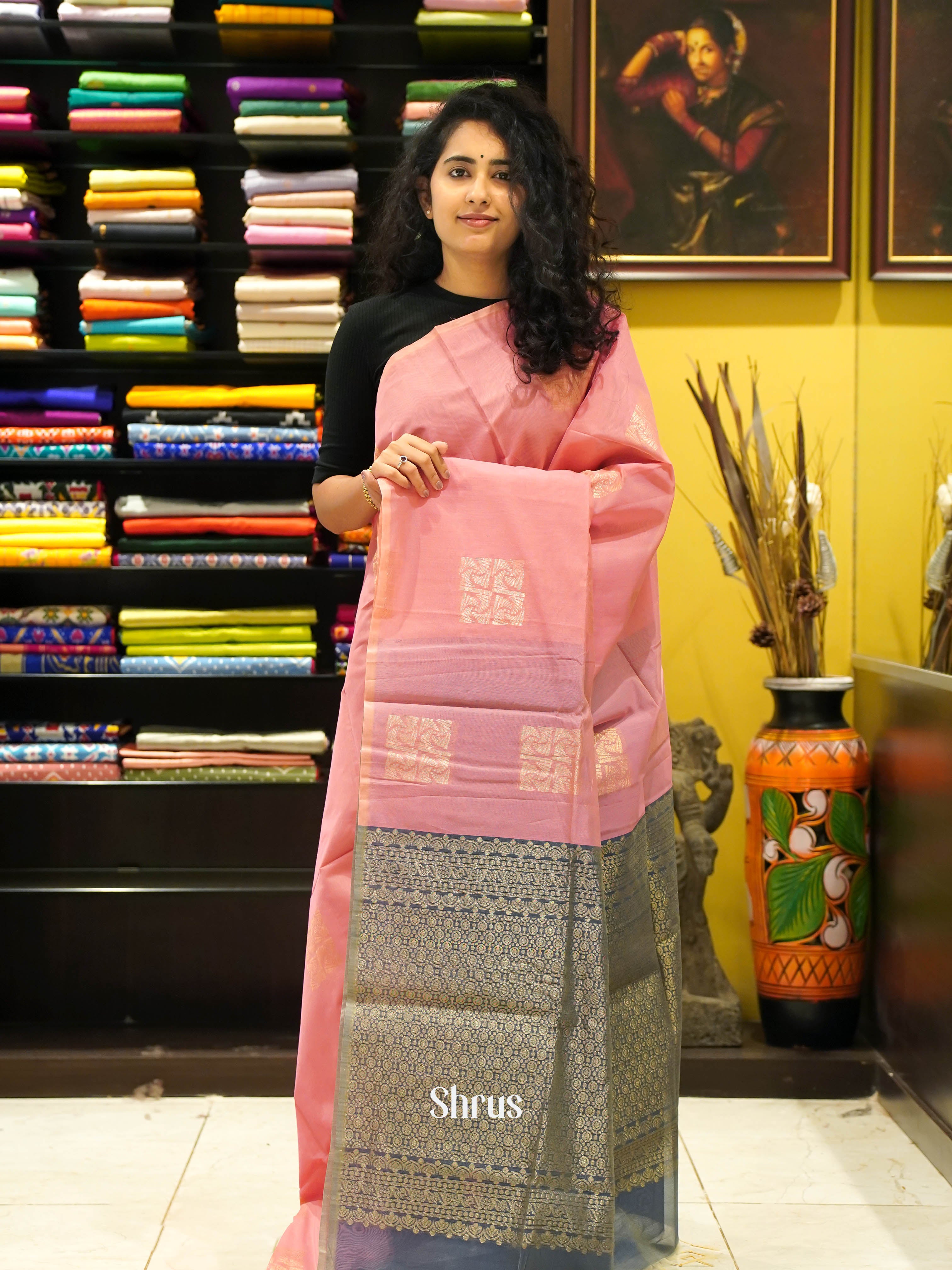 Pink & Grey - Semi Silk cotton saree - Shop on ShrusEternity.com