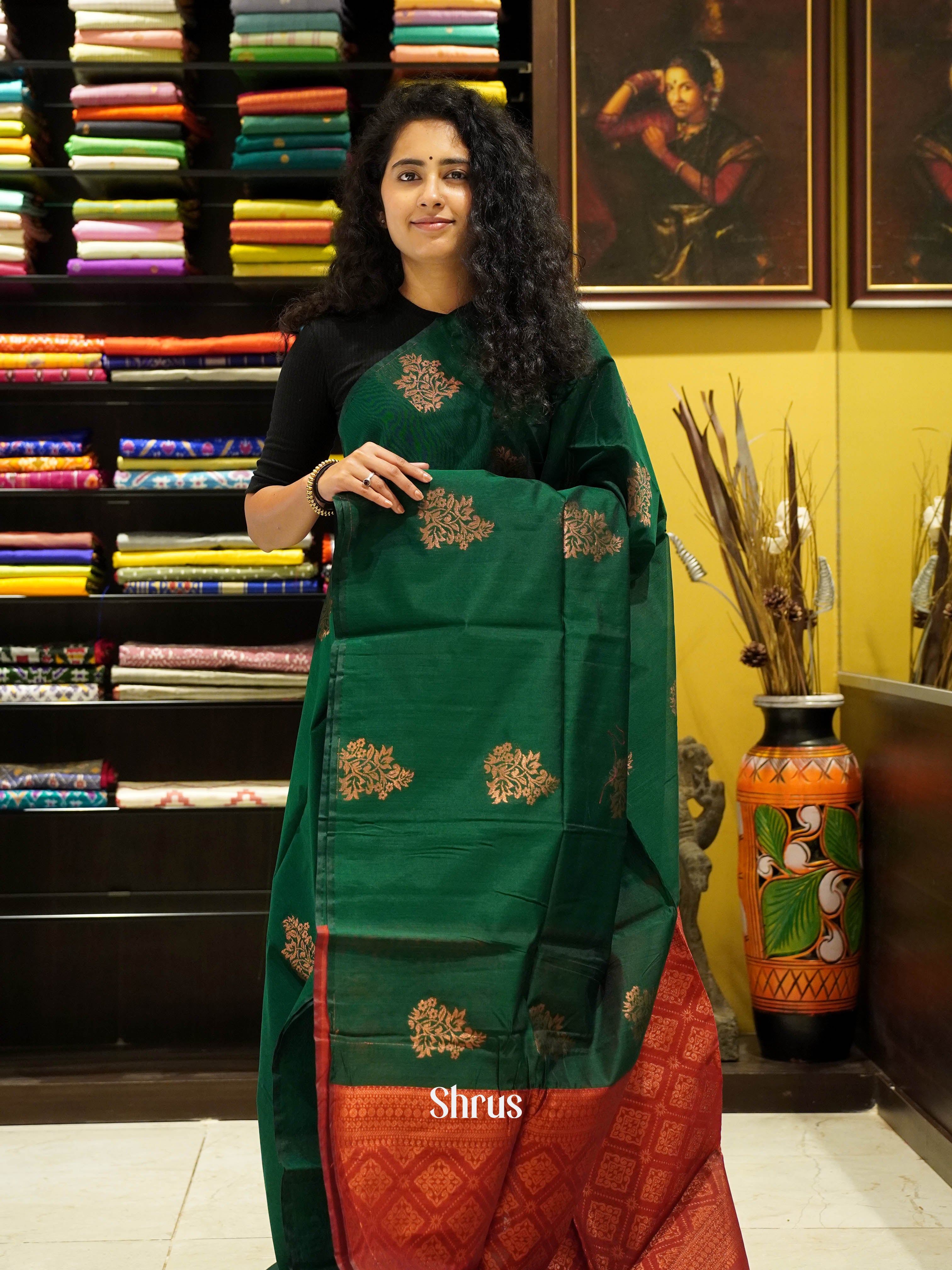 Green & Maroon - Semi Silkcotton Saree - Shop on ShrusEternity.com