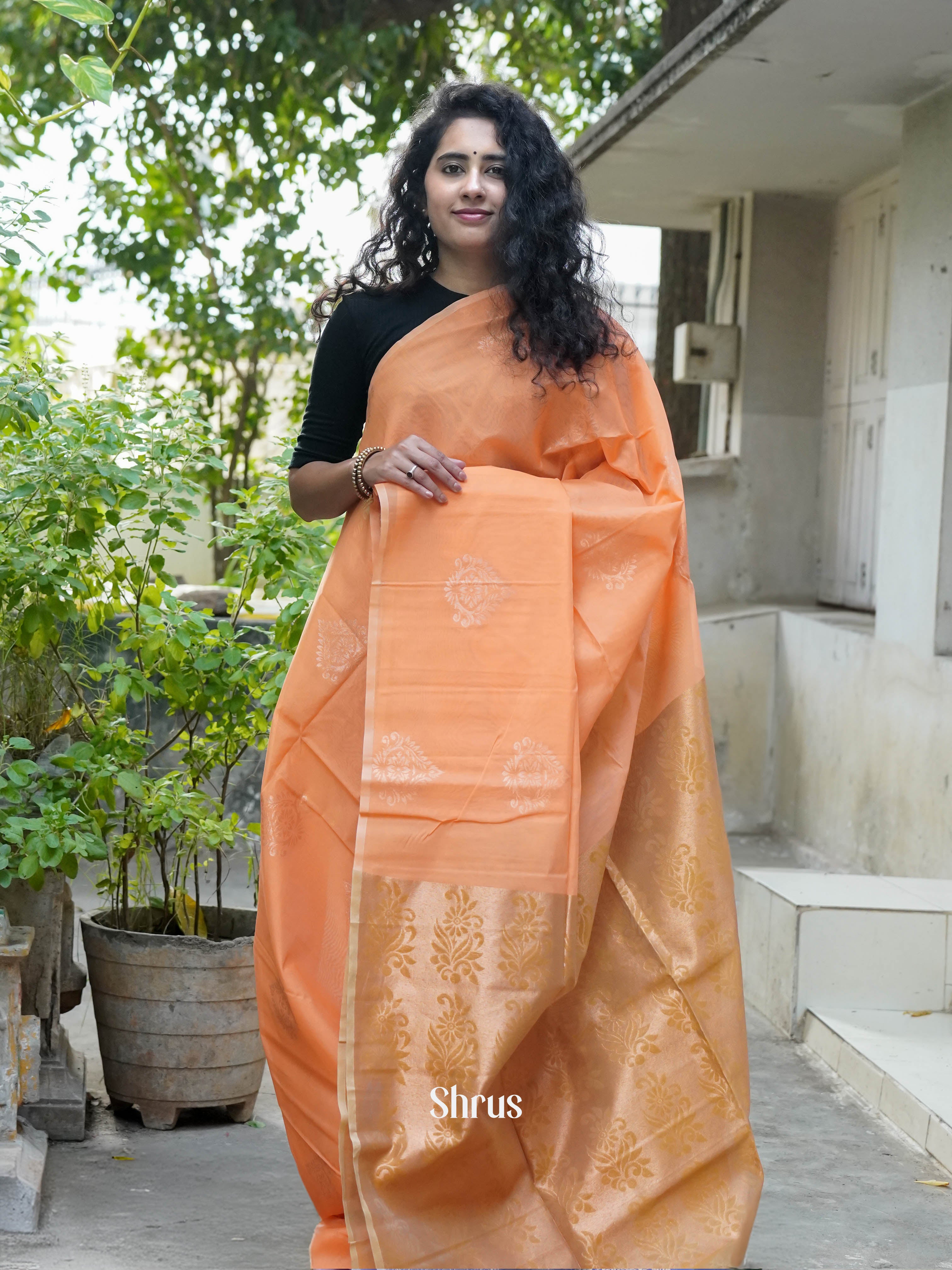 Light Salmon & Sandal - Semi Silkcotton Saree - Shop on ShrusEternity.com