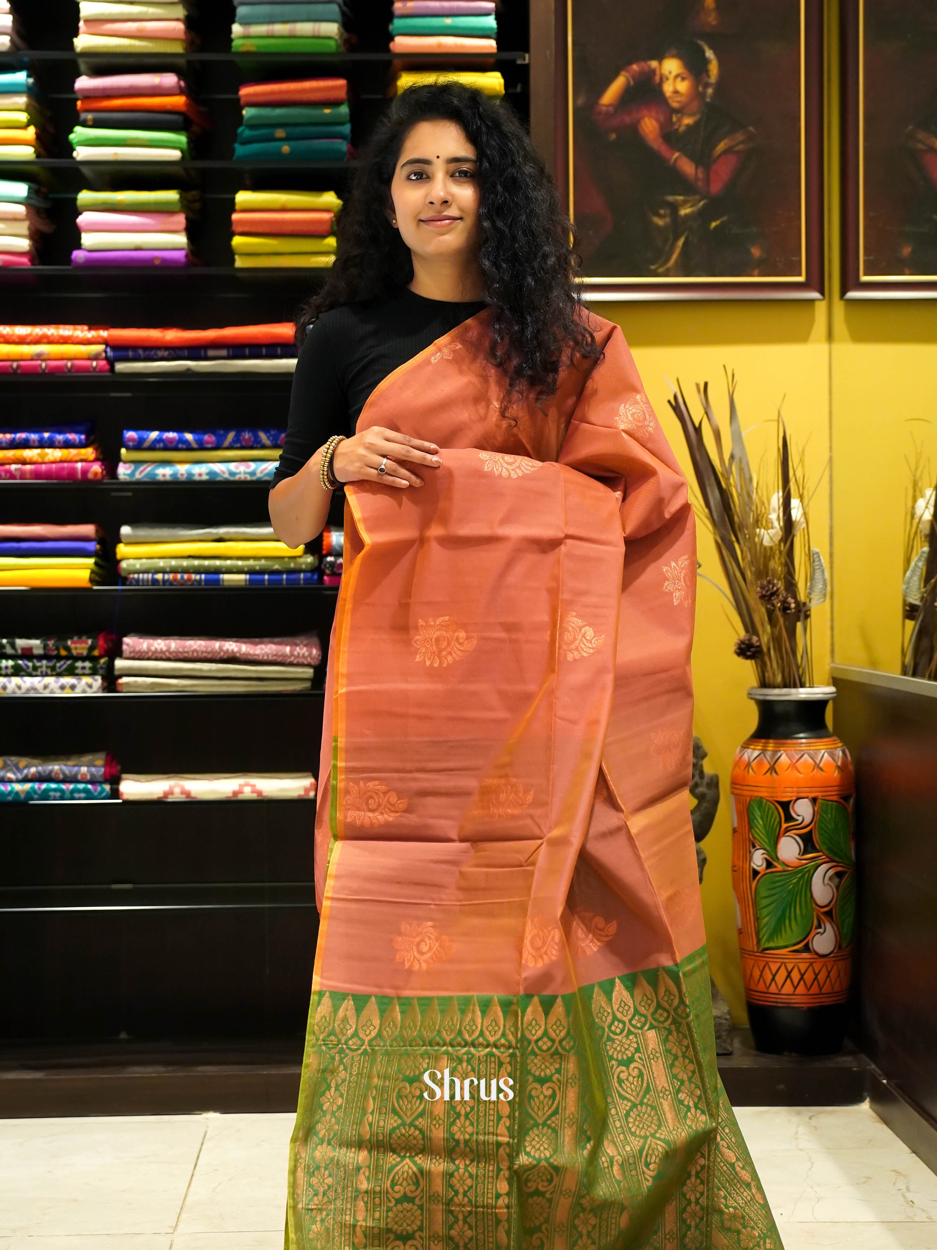 Brick & Green - Semi Silkcotton Saree - Shop on ShrusEternity.com
