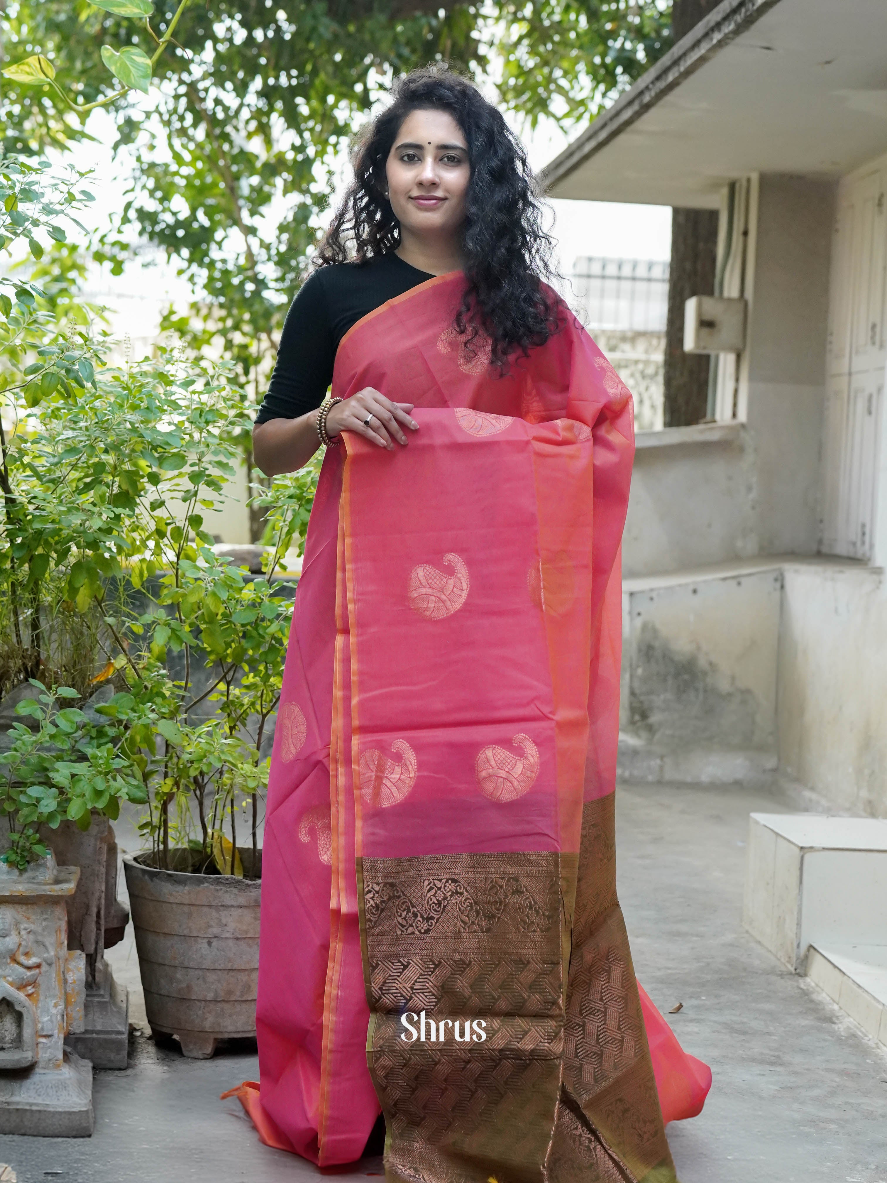 Rosy Pink & Pistha Green - Semi Silkcotton Saree - Shop on ShrusEternity.com