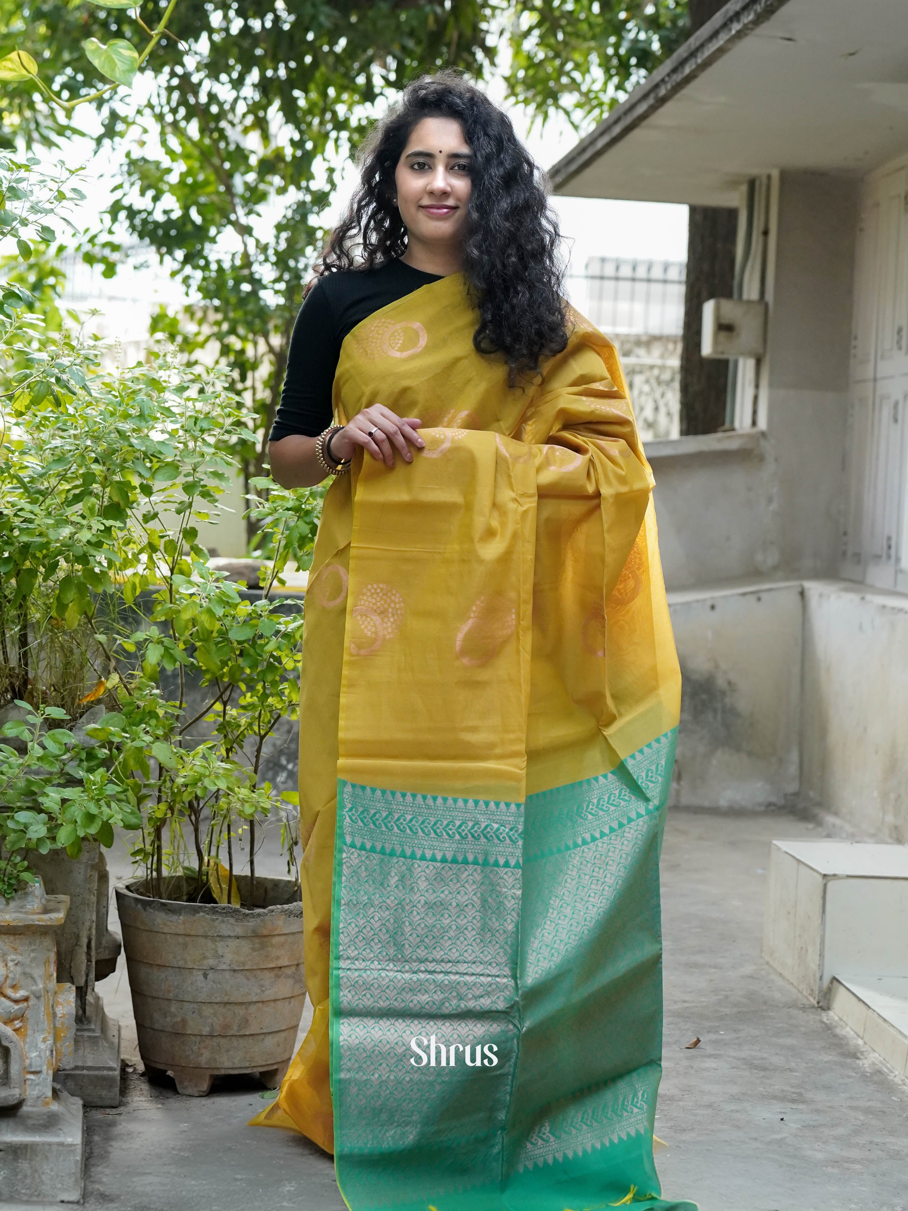 Mustard Yellow & Greenish Blue - Semi Silkcotton Saree - Shop on ShrusEternity.com