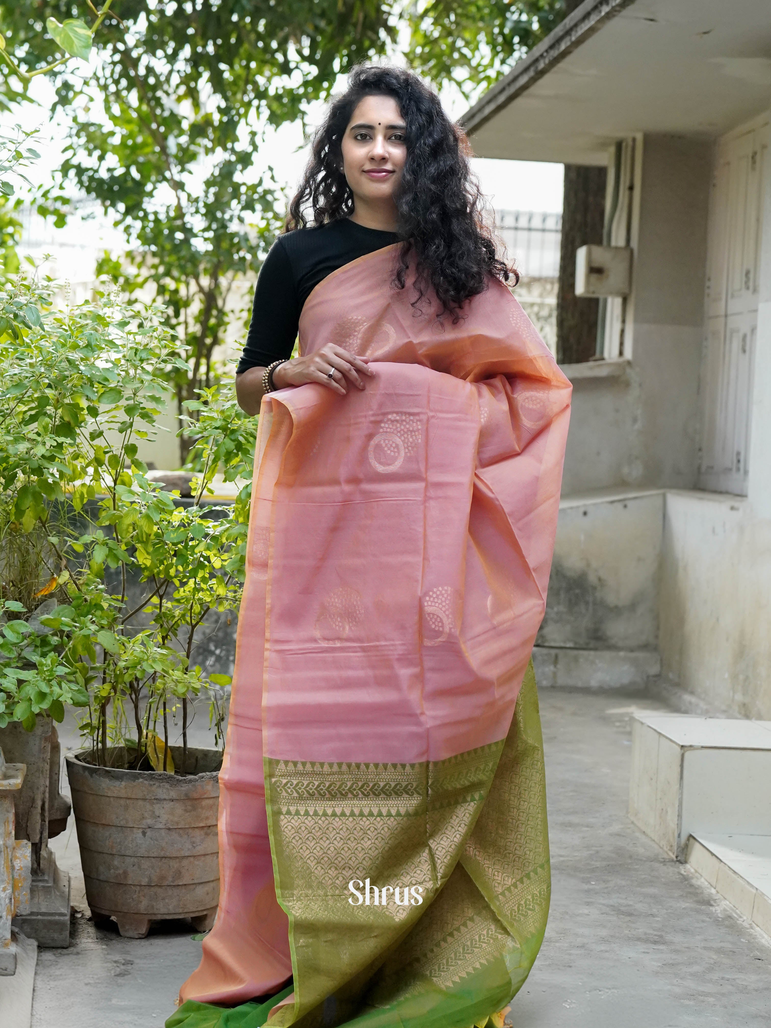 Peach & Green - Semi Silkcotton Saree - Shop on ShrusEternity.com