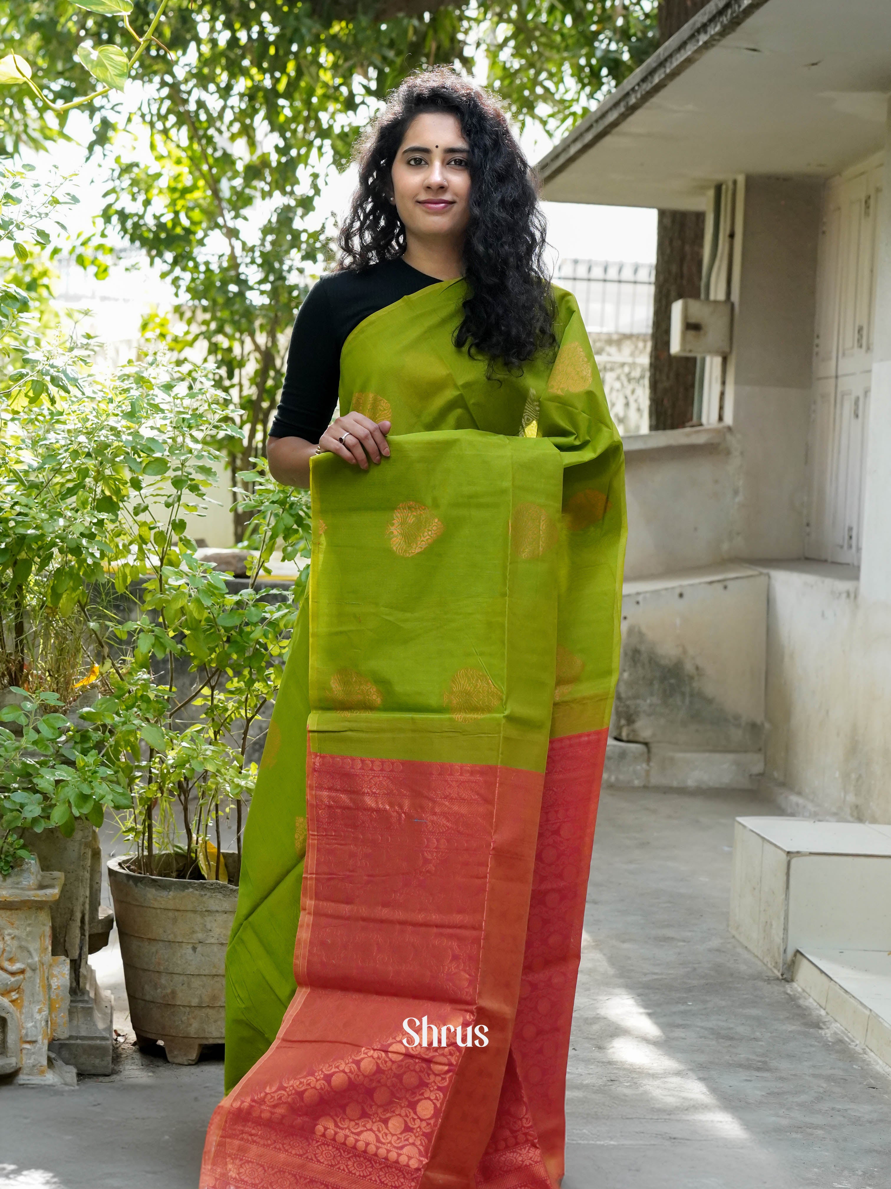 Green & Pink - Semi Silkcotton Saree - Shop on ShrusEternity.com