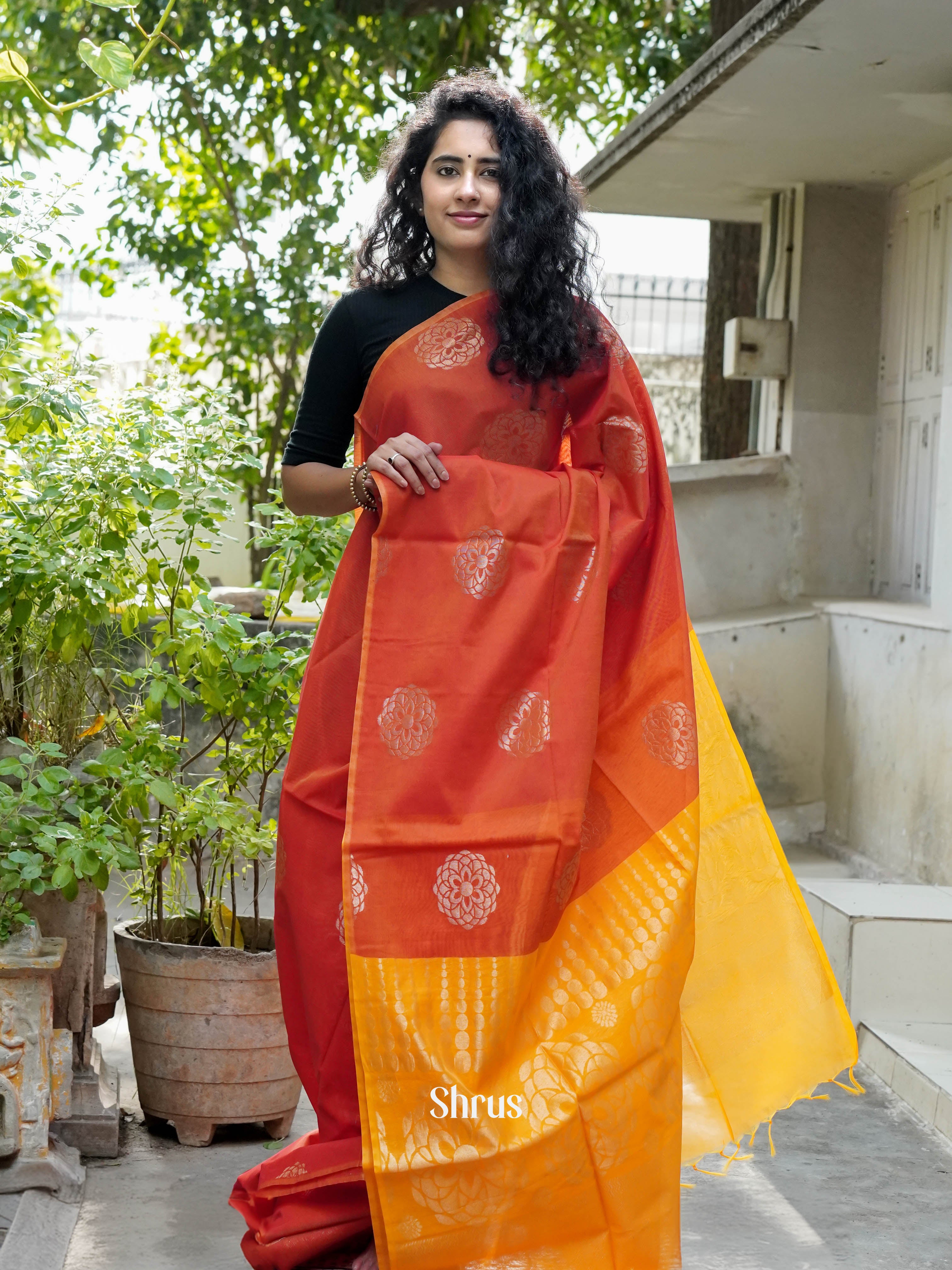 Red & Mustard Orange - Semi Silkcotton Saree - Shop on ShrusEternity.com