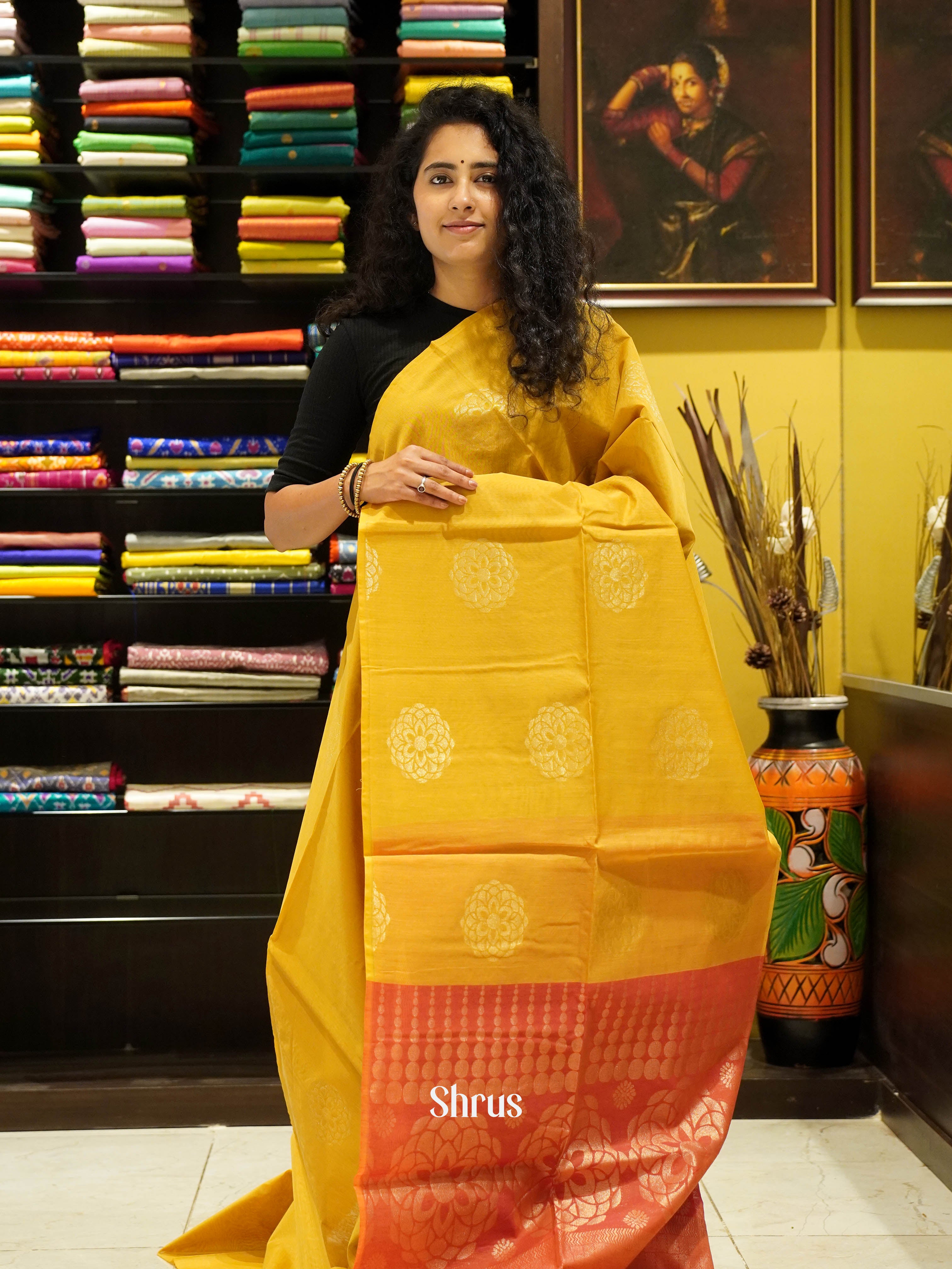 mustard & Orange - Semi Silkcotton Saree - Shop on ShrusEternity.com