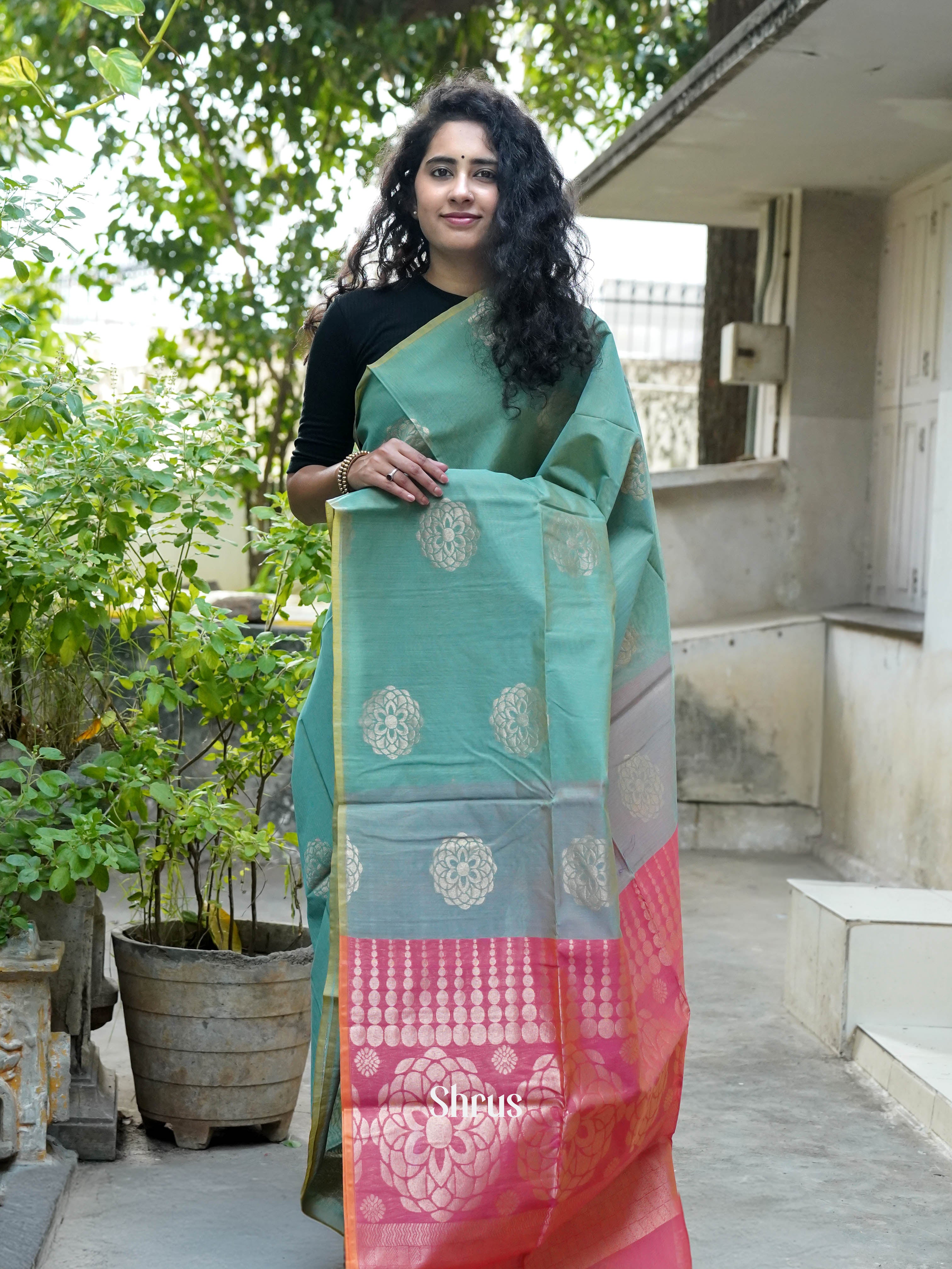 Greenish Blue & Pink - Semi Silkcotton Saree - Shop on ShrusEternity.com