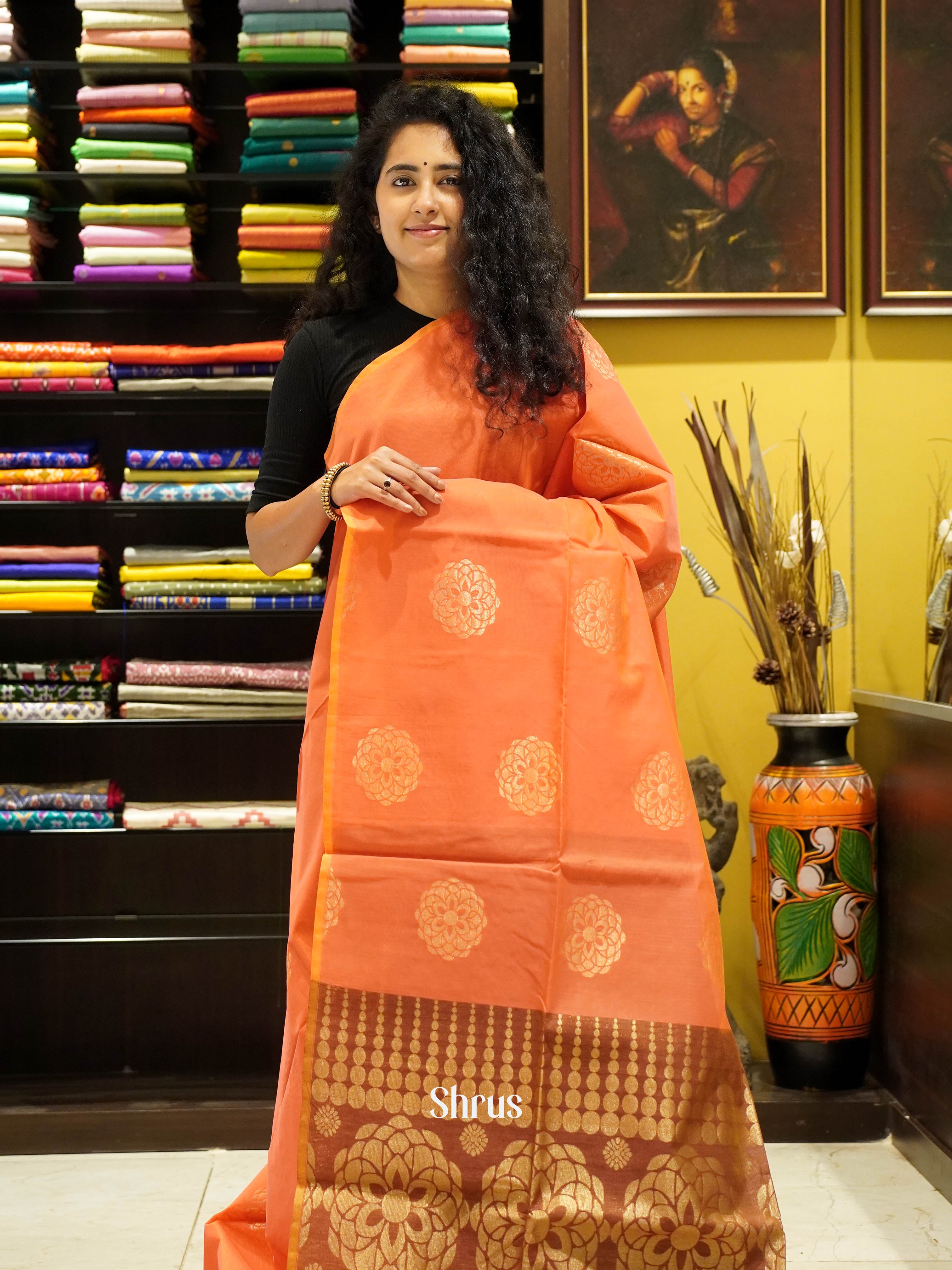 Orange & Brown- Semi Silkcotton Saree - Shop on ShrusEternity.com