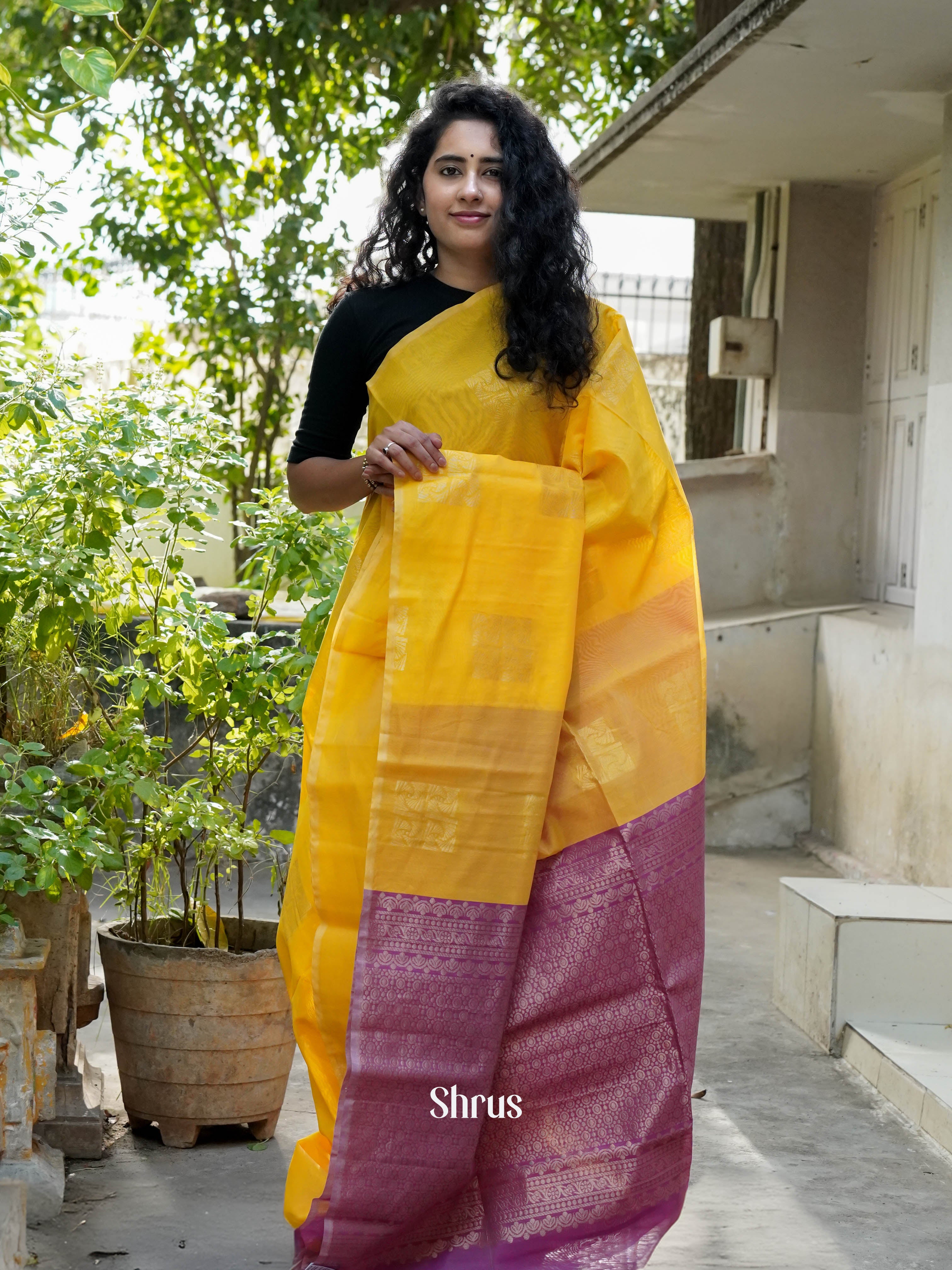 Yellow & Purple - Semi Silkcotton Saree - Shop on ShrusEternity.com
