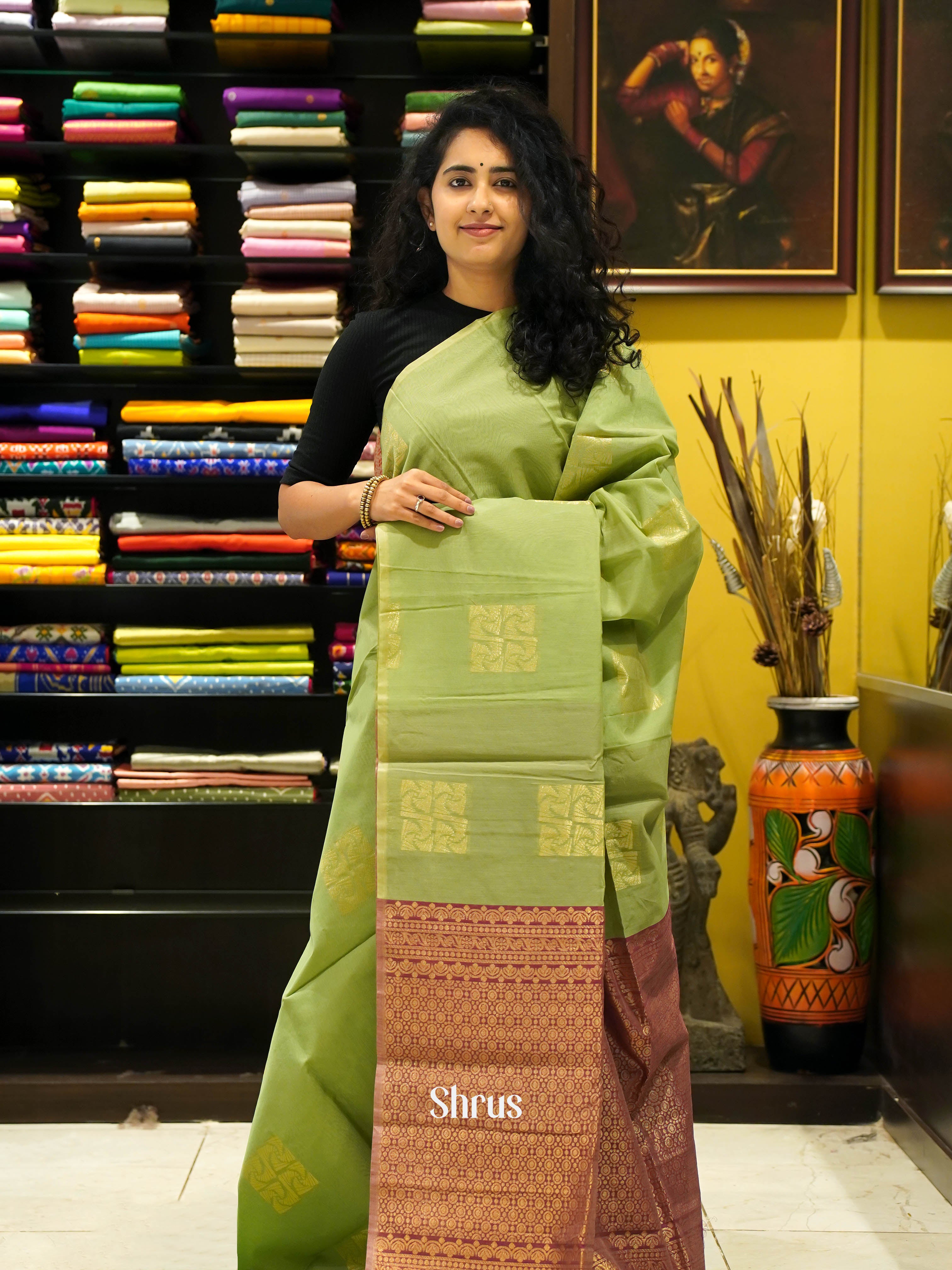 Green & Brown - Semi Silkcotton saree - Shop on ShrusEternity.com