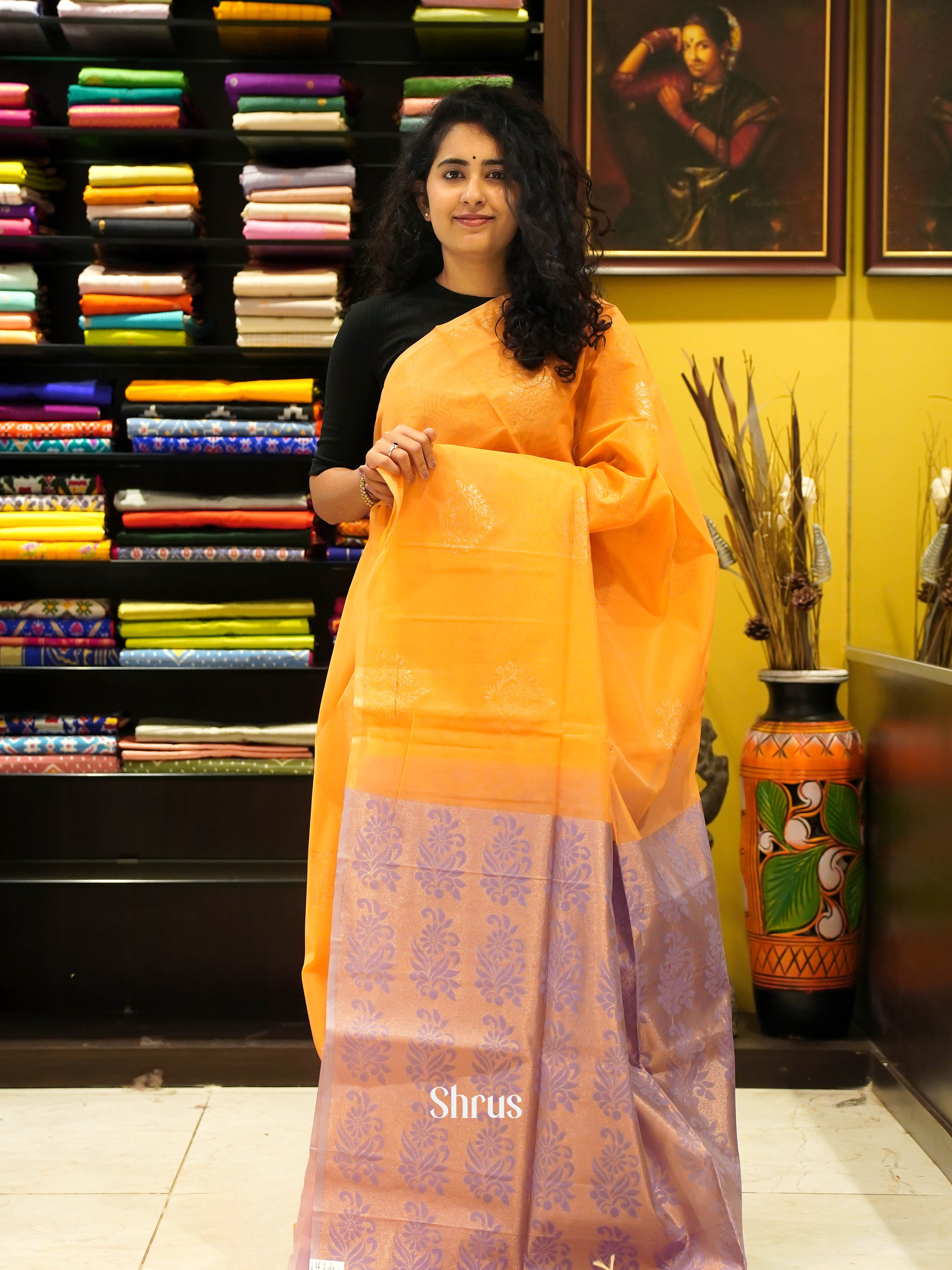 Mustard & Mild Lavender - Semi Silkcotton saree - Shop on ShrusEternity.com