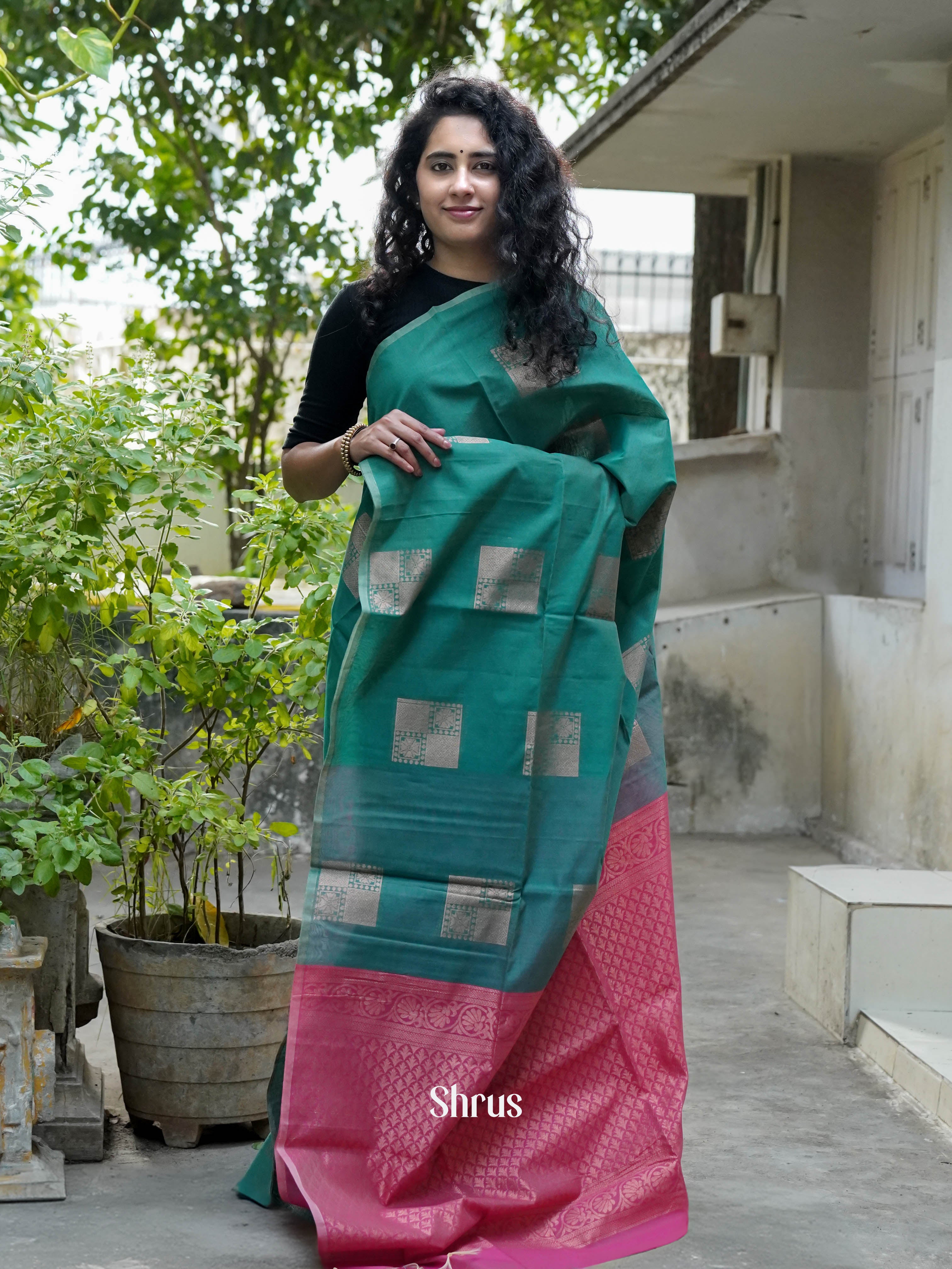 Green & Rosy Pink - Semi Silkcotton Saree - Shop on ShrusEternity.com