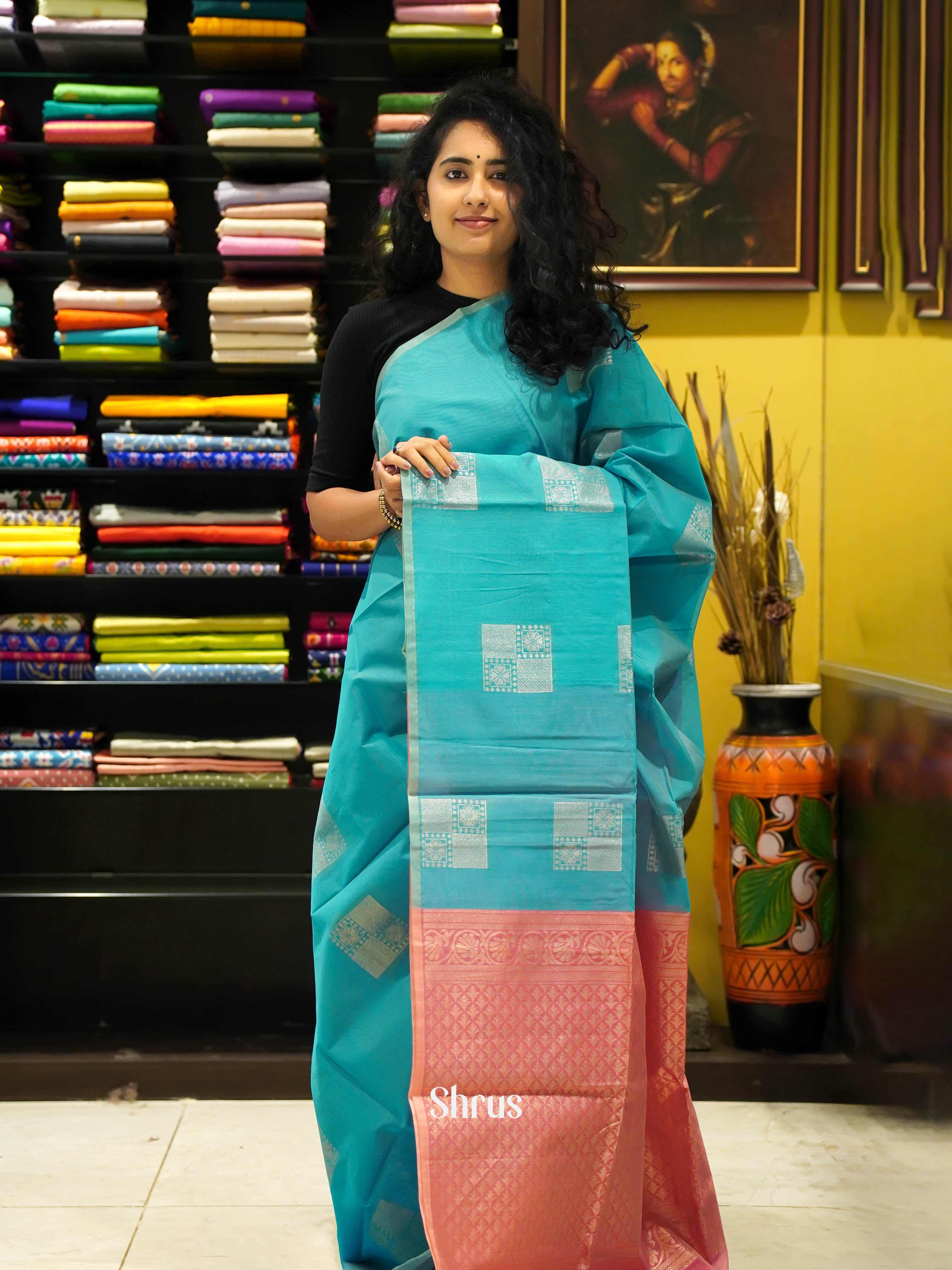 Teal & Pink - Semi Silk cotton saree - Shop on ShrusEternity.com