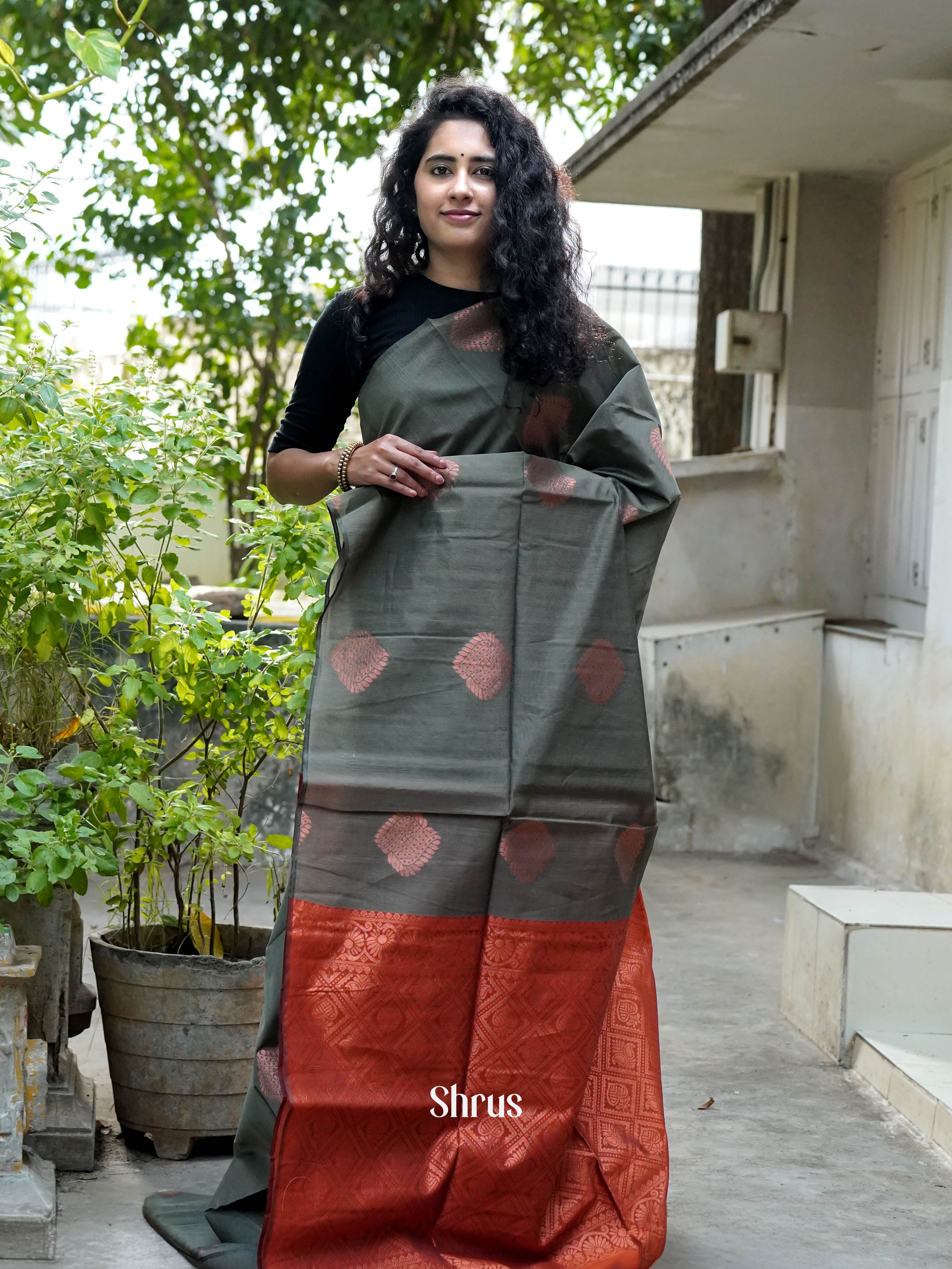 Greenish Grey & Brown - Semi Silkcotton Saree - Shop on ShrusEternity.com